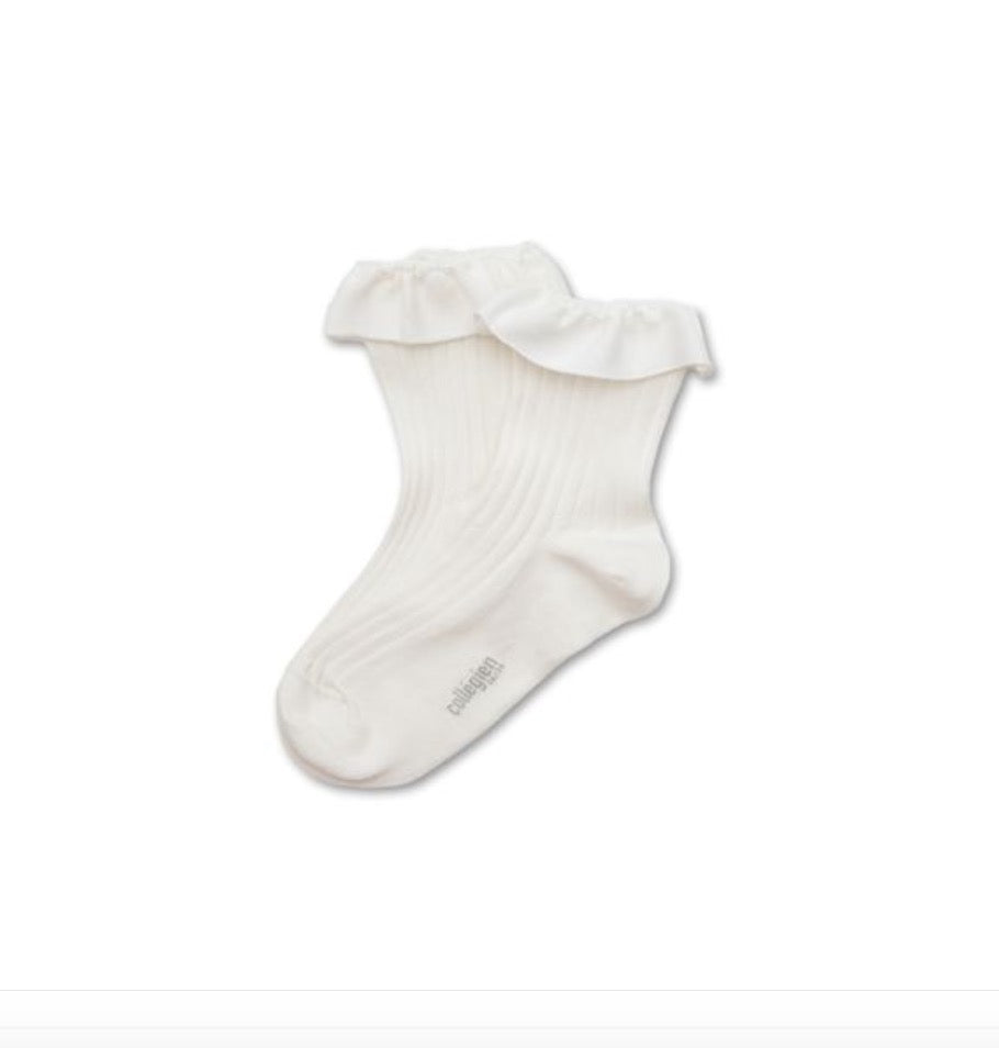 collegien Ludivine - Ribbed Ankle Socks with Jersey Ruffle blanc neige