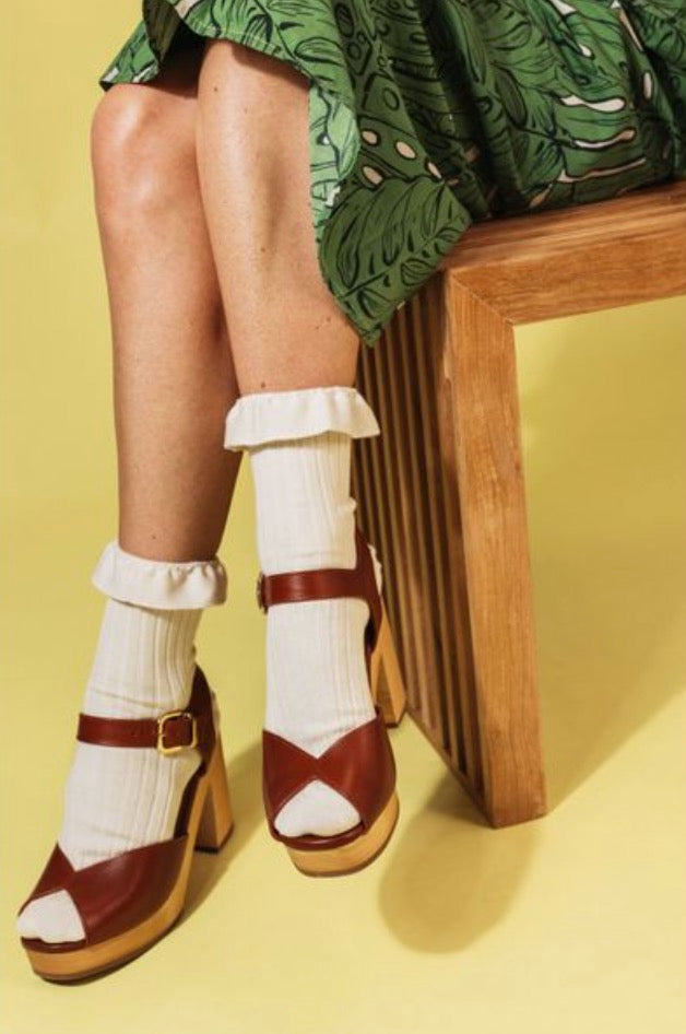collegien Ludivine - Ribbed Ankle Socks with Jersey Ruffle blanc neige