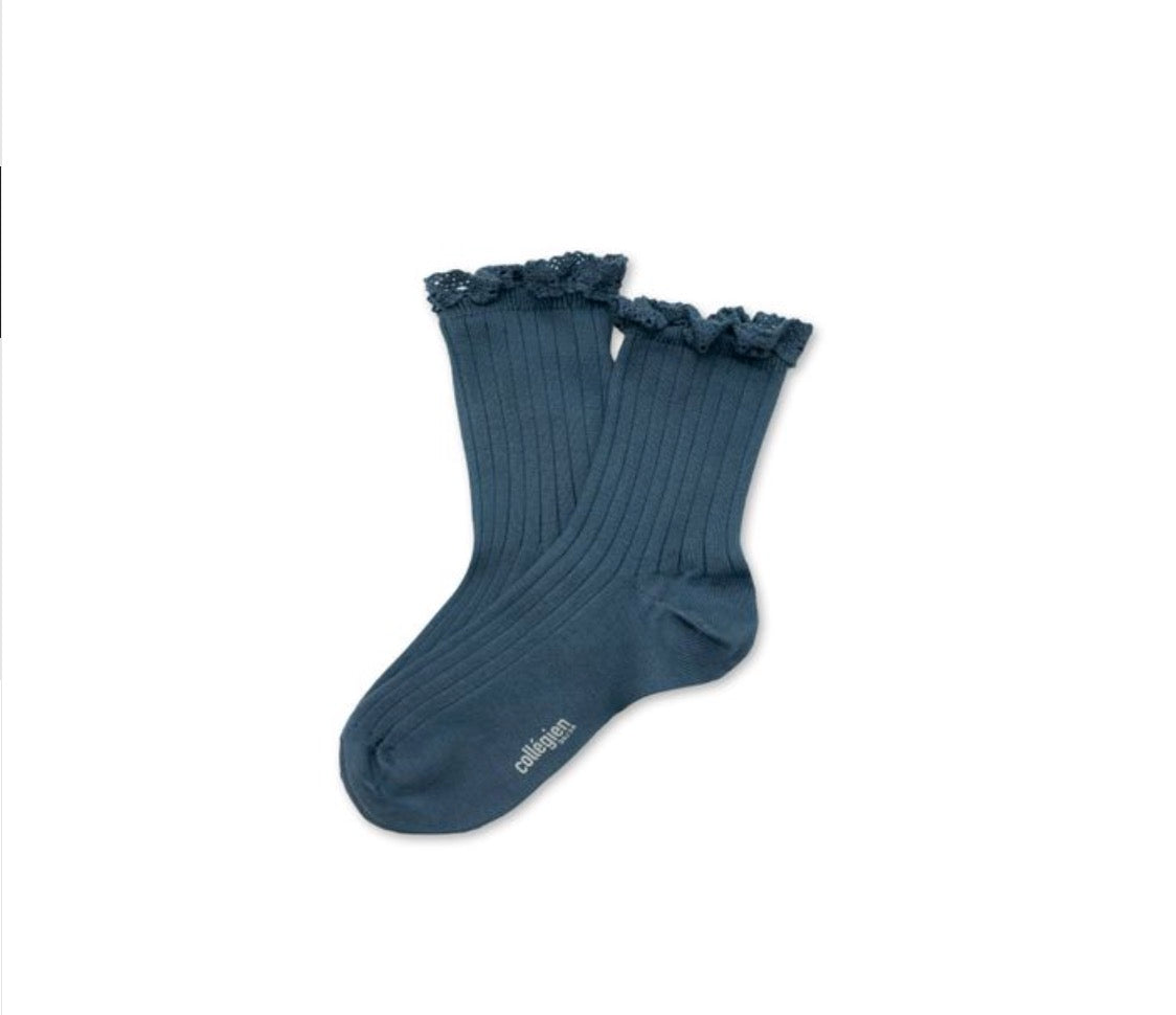 collegien Lili - Lace Trim Ribbed Ankle Socks bleu cendro