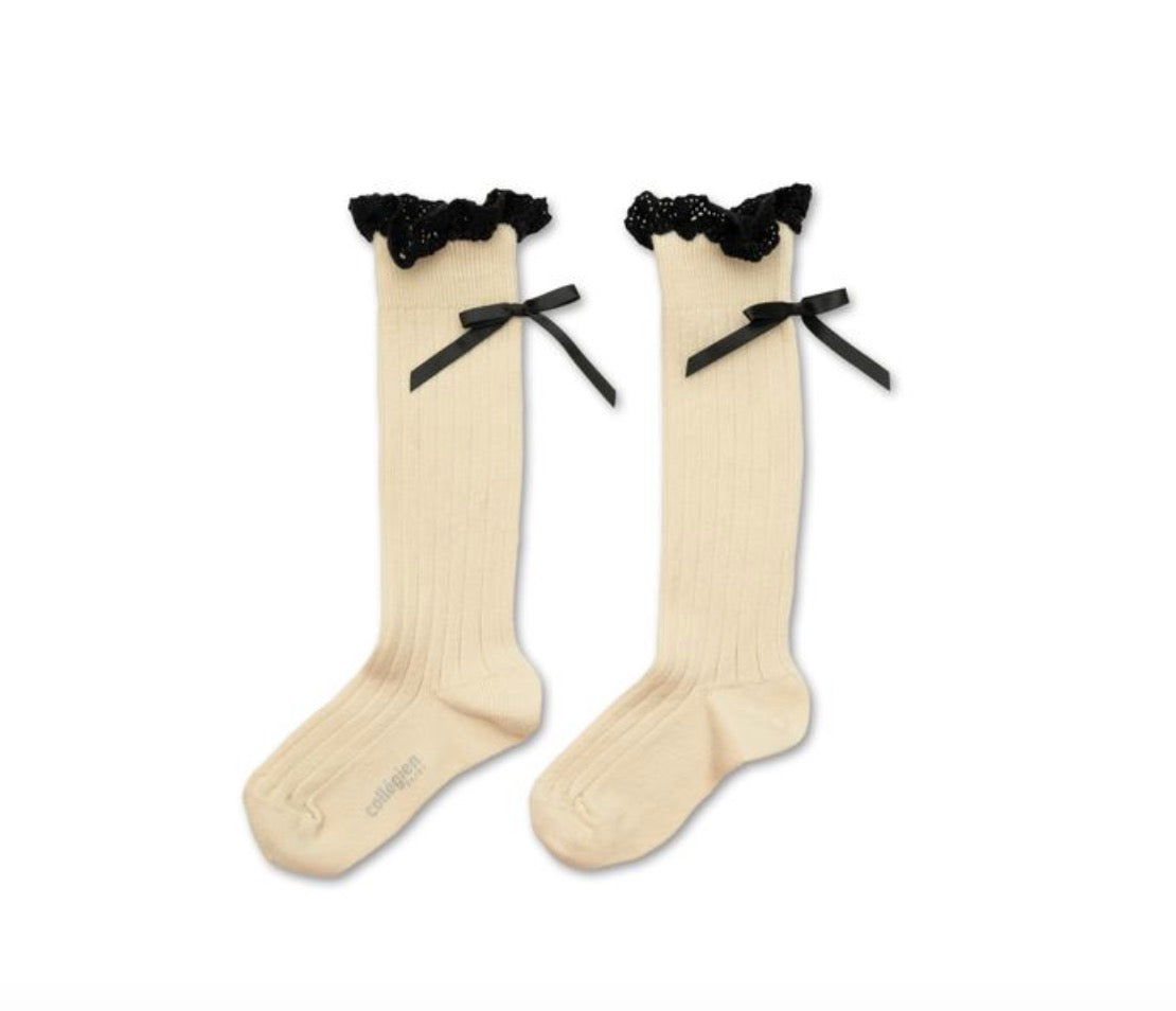 collegien Domitille Ribbed Knee-high Socks with Lace and Bow - Doux Agneaux
