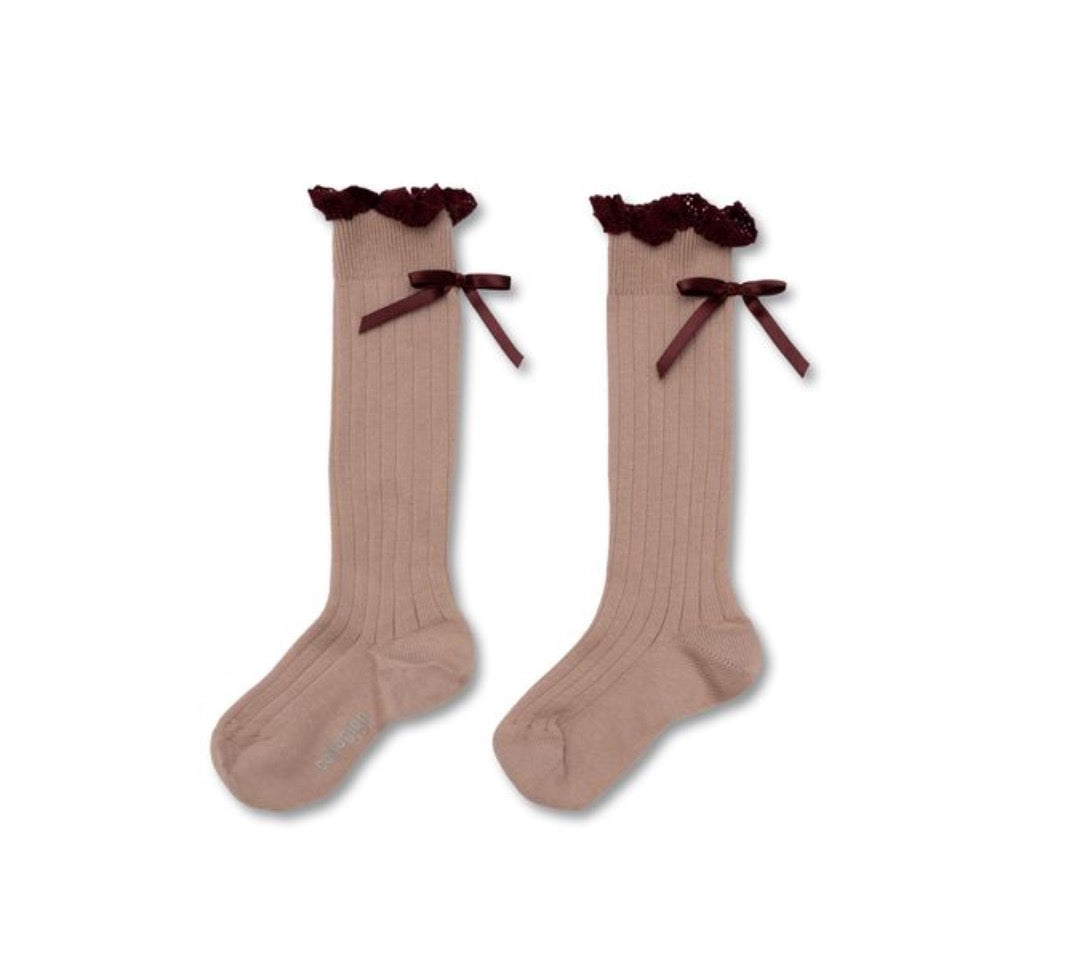 collegien Domitille Ribbed Knee-high Socks with Lace and Bow - Vieux Rose