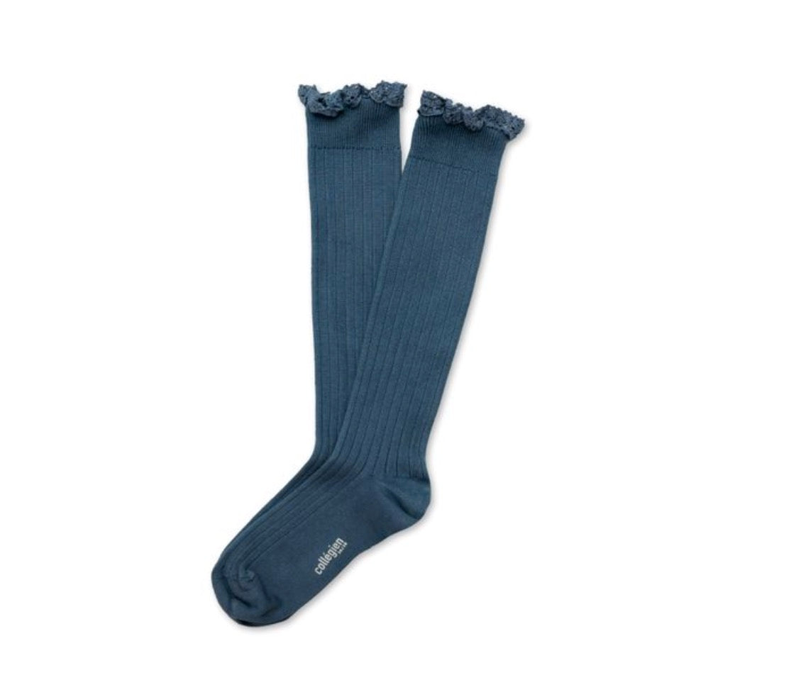collegien Josephine Lace Trim Knee High Socks bleu cendre