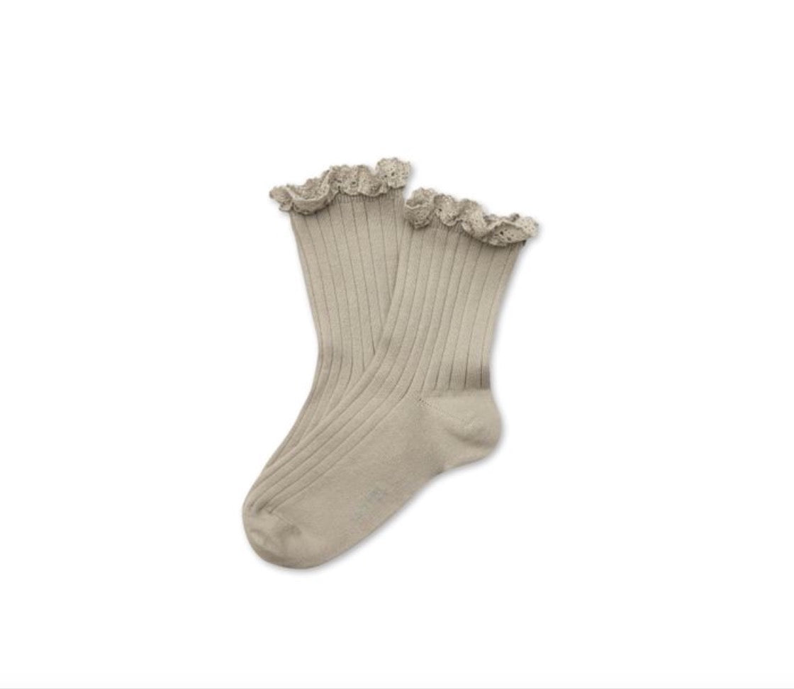 collegien Lili - Lace Trim Ribbed Ankle Socks Gris Perle