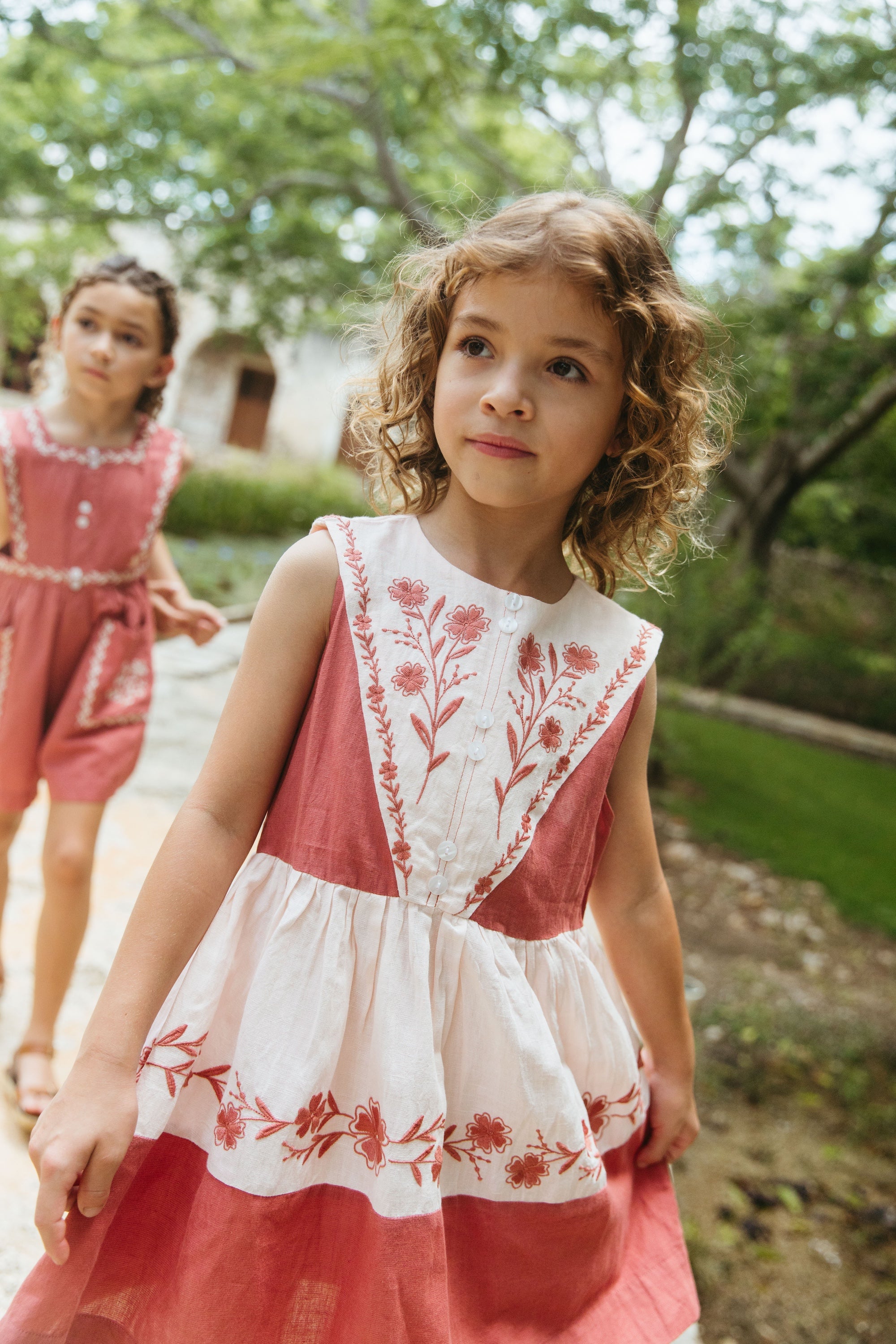 LALi Vivi Dress in Color Block Brick Red & Pale Pink Linen