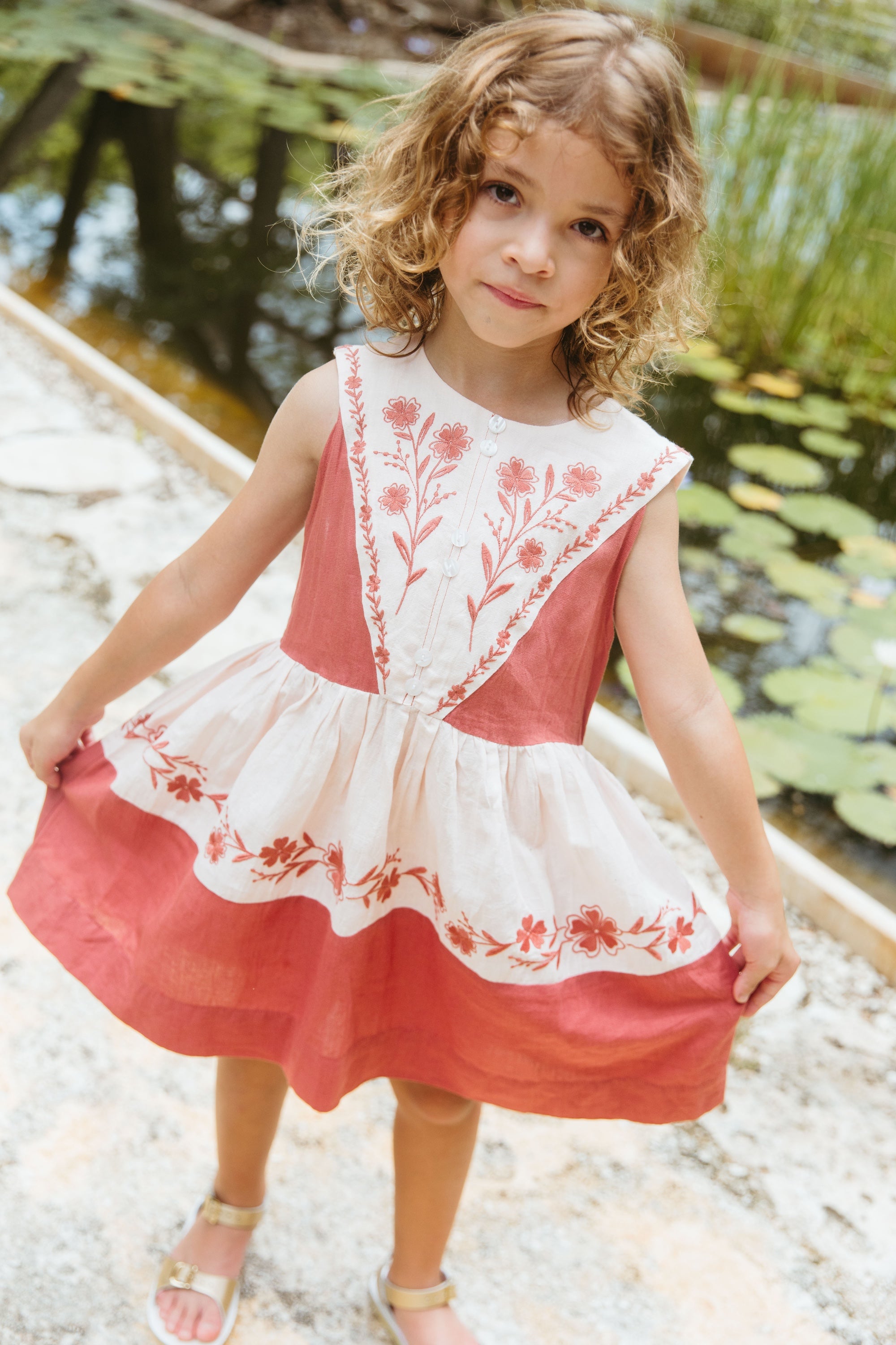 LALi Vivi Dress in Color Block Brick Red & Pale Pink Linen