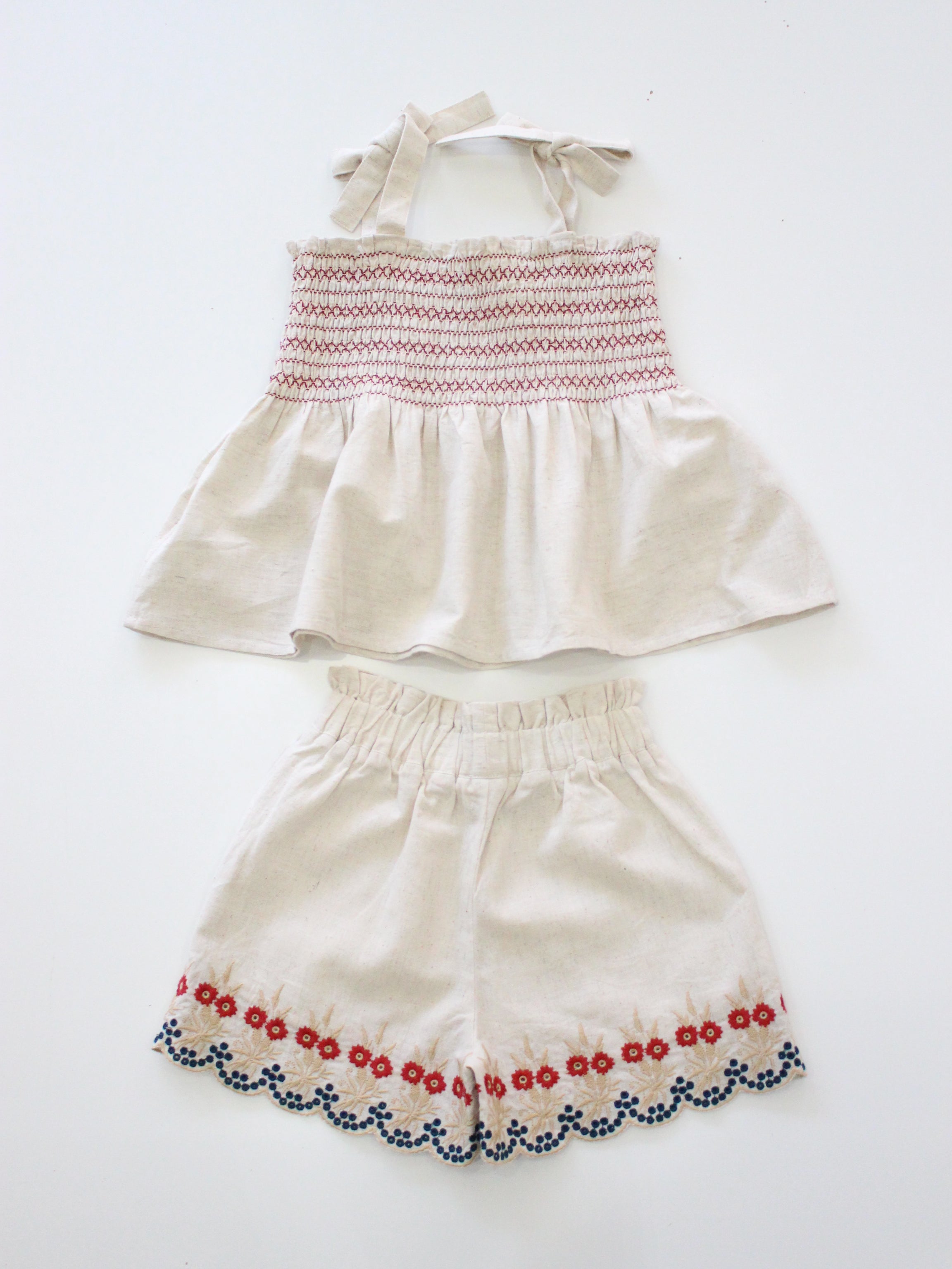 BONJOUR DIARY Shorts & top set Natural cotton flex with multi color eyelet emb