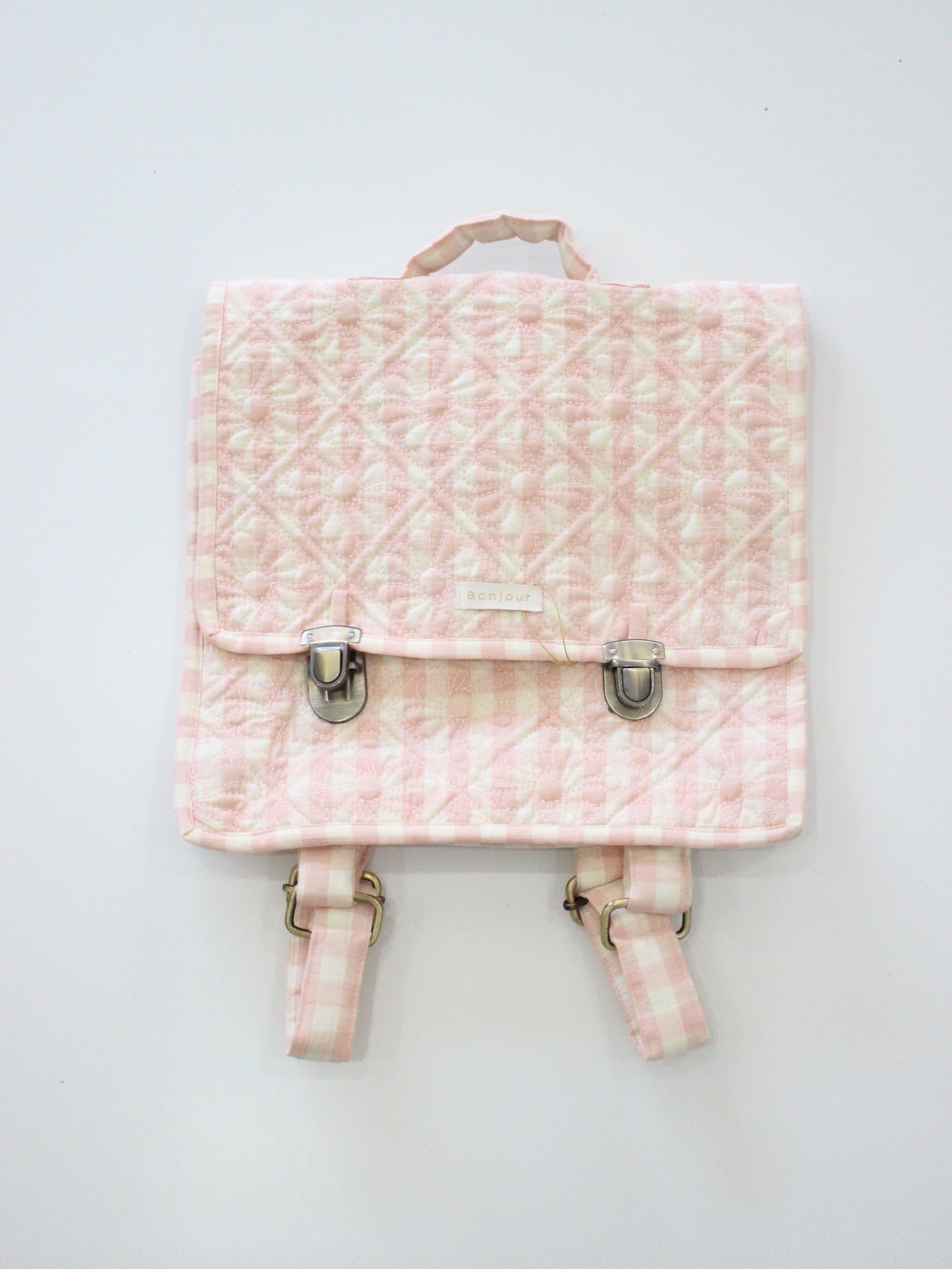 BONJOUR DIARY Quilted school bag Pink vichy front & piping