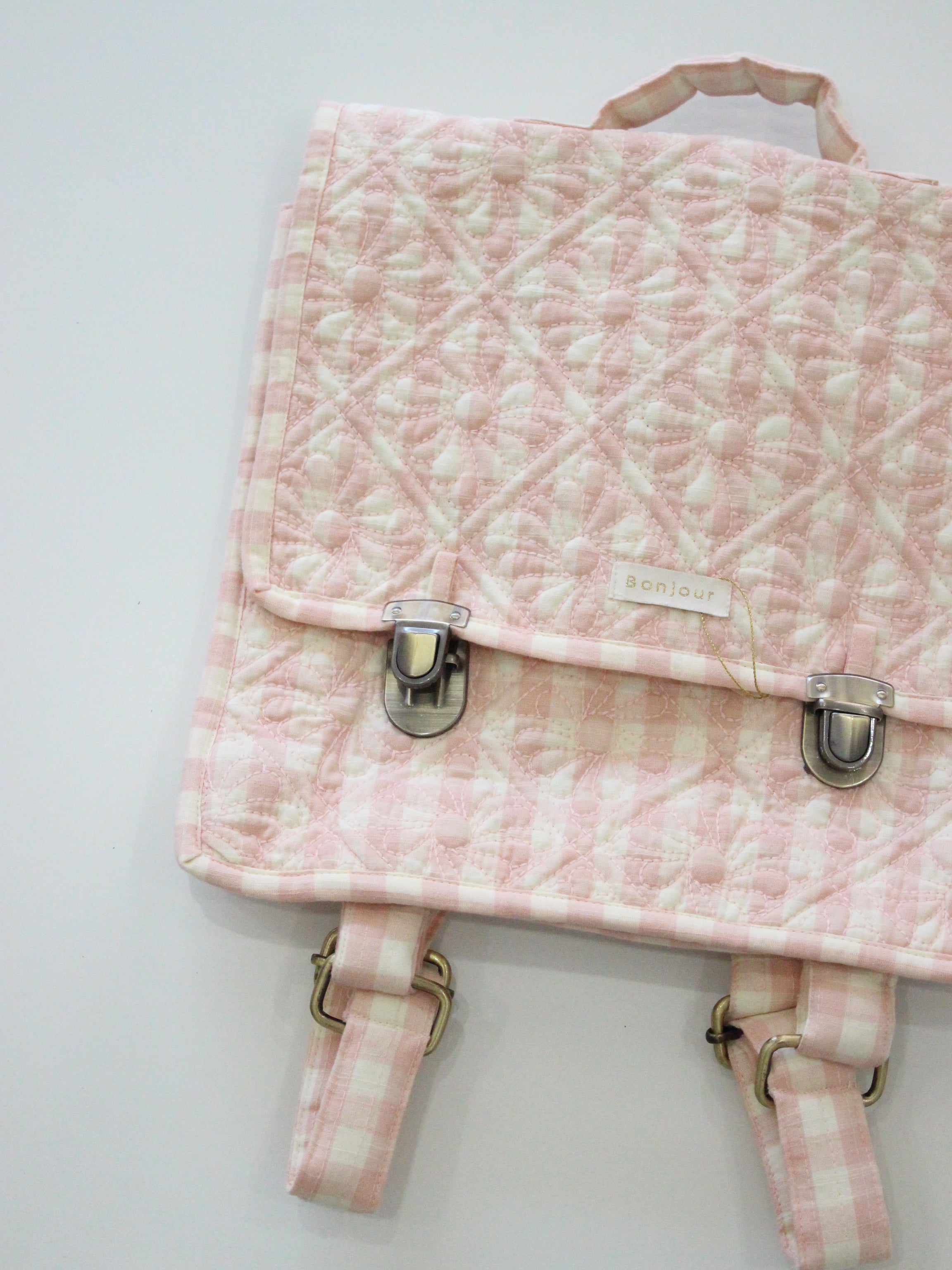 BONJOUR DIARY Quilted school bag Pink vichy front & piping