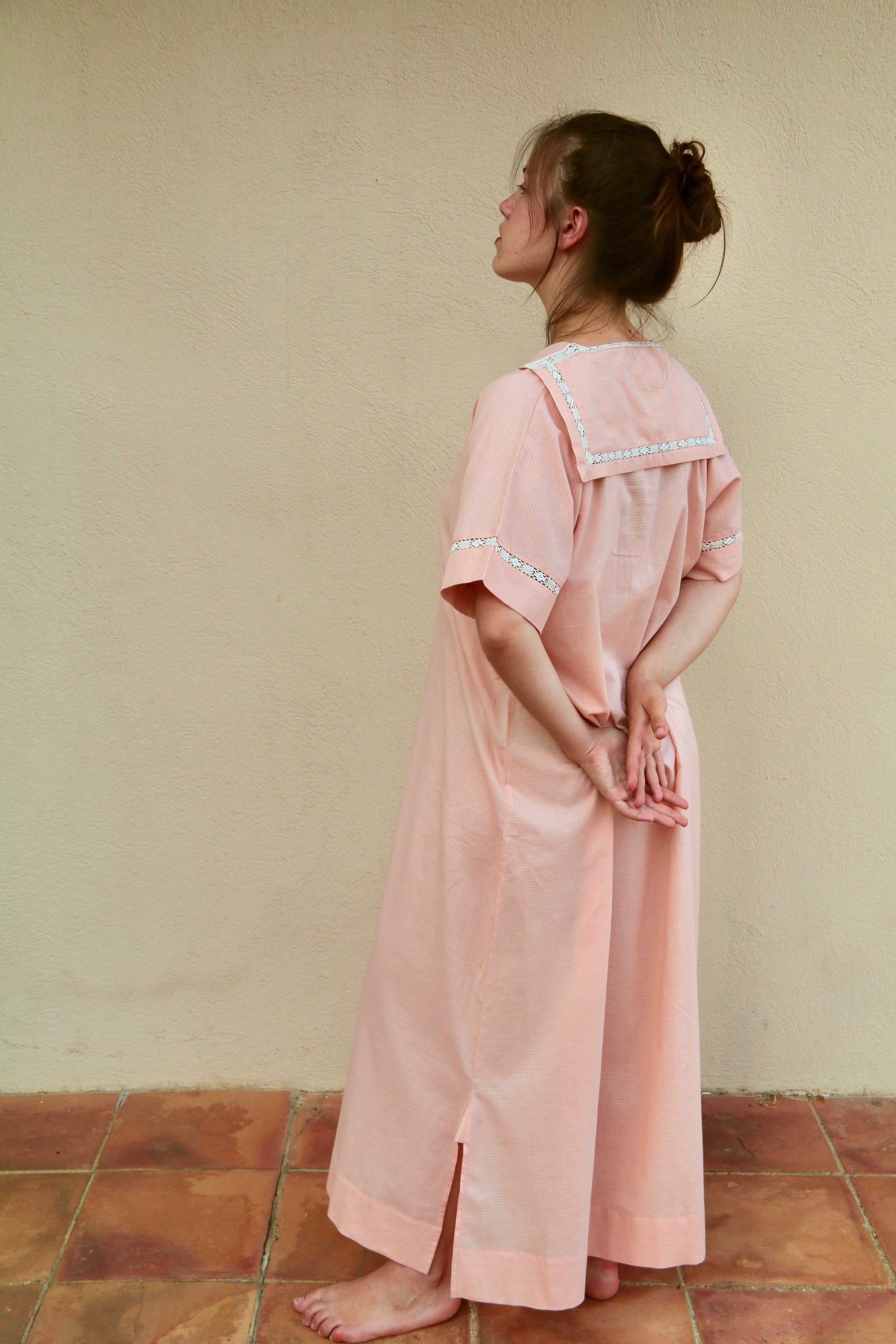 Suranné Long dress Pink check voile orgainc 大人SIZE