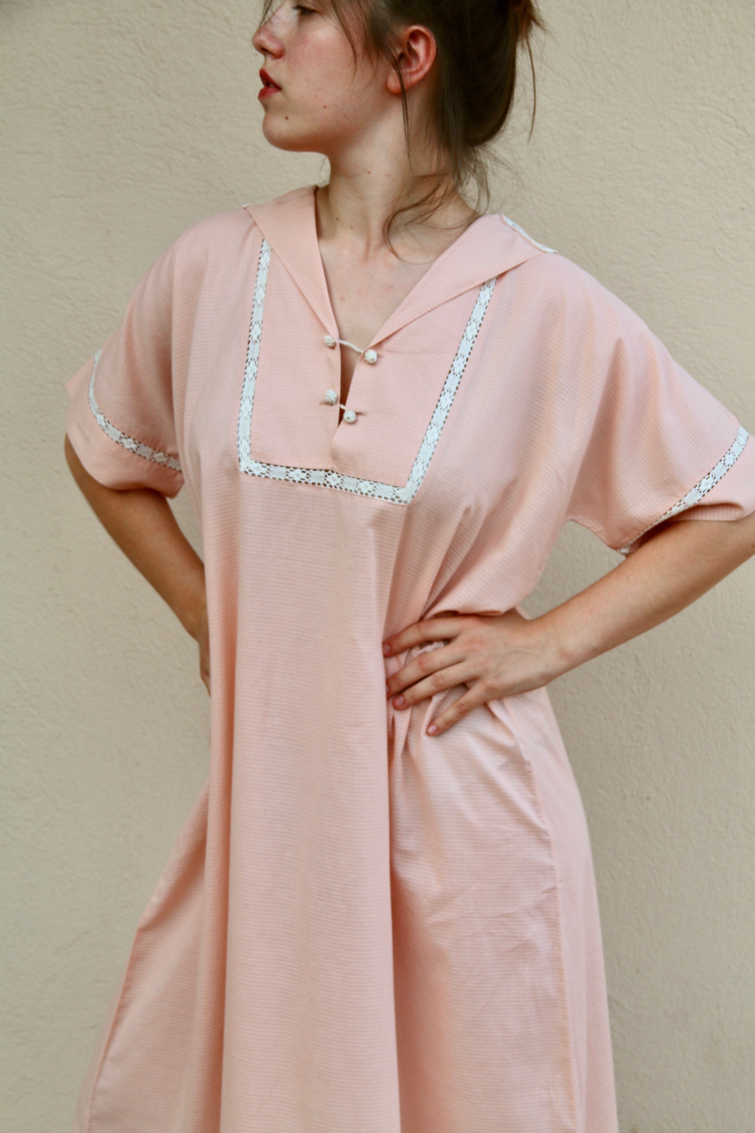 Suranné Long dress Pink check voile orgainc 大人SIZE