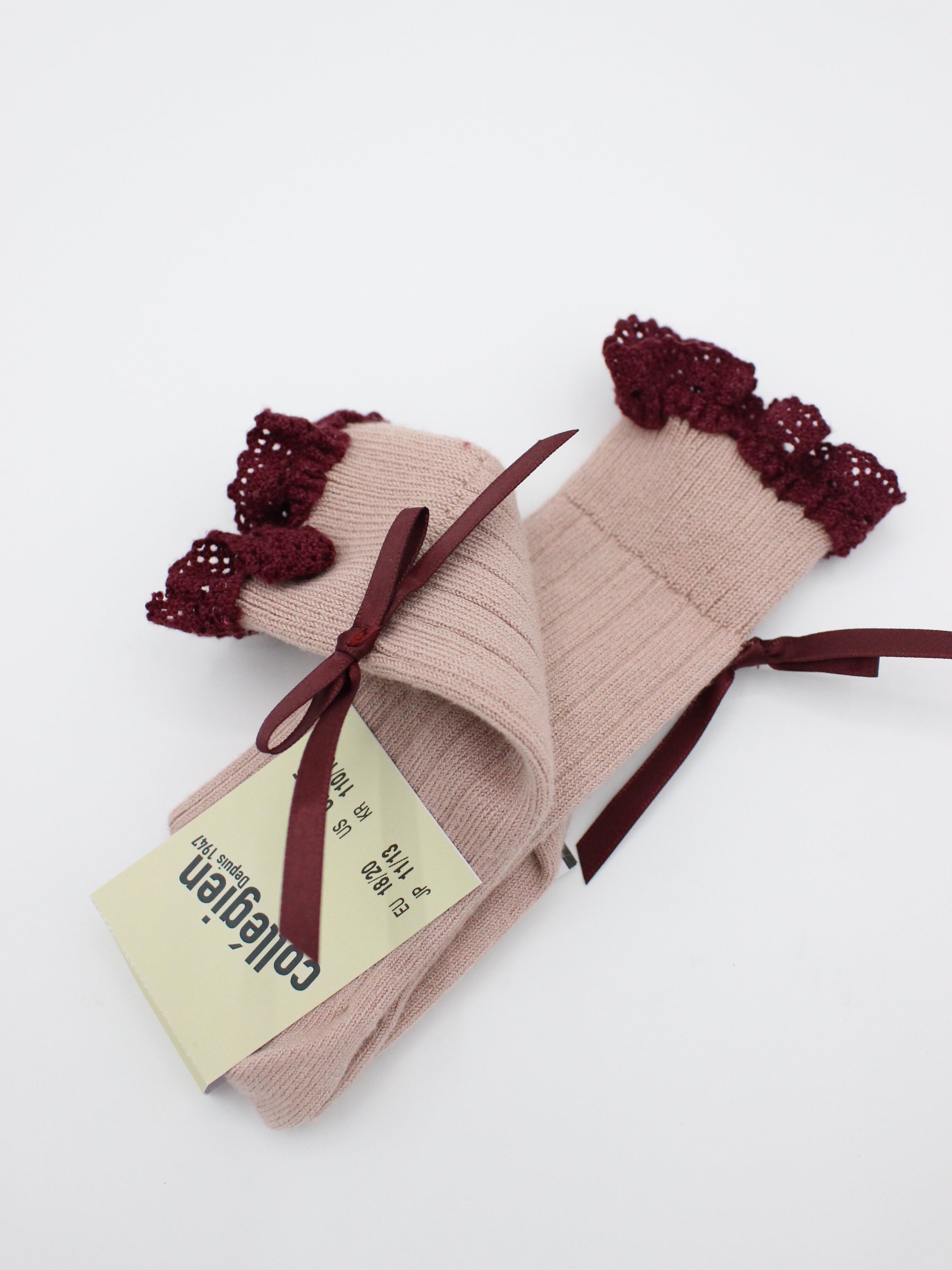collegien Domitille Ribbed Knee-high Socks with Lace and Bow - Vieux Rose