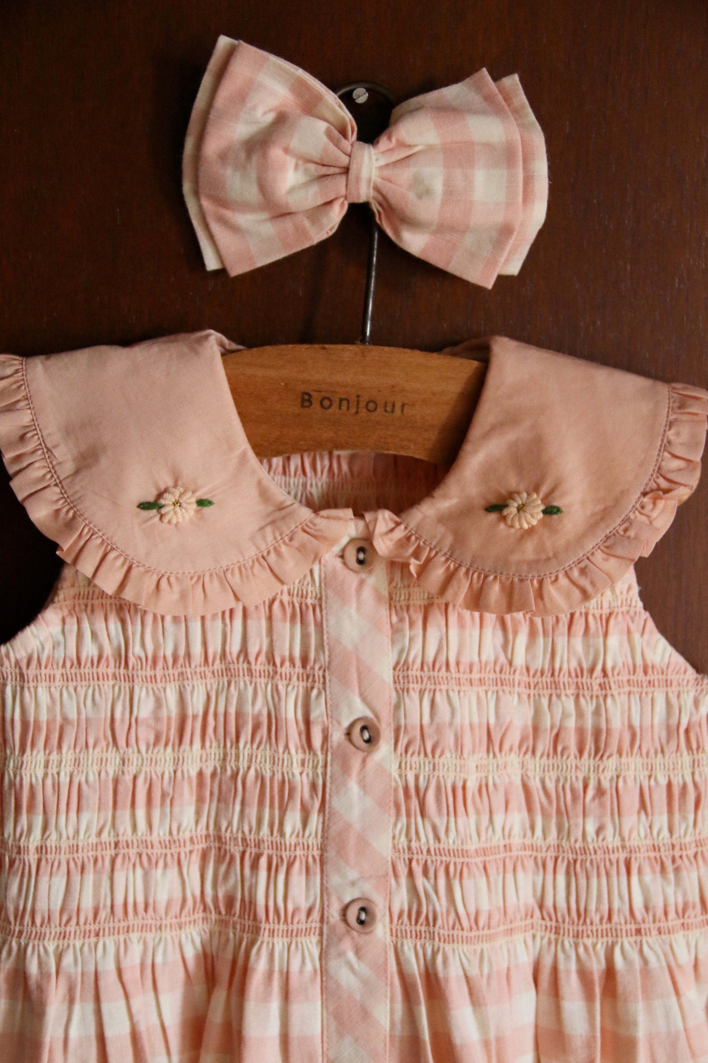 BONJOUR DIARY Emb. tunic + hair clip Pink Vichy with small design eyelete emb
