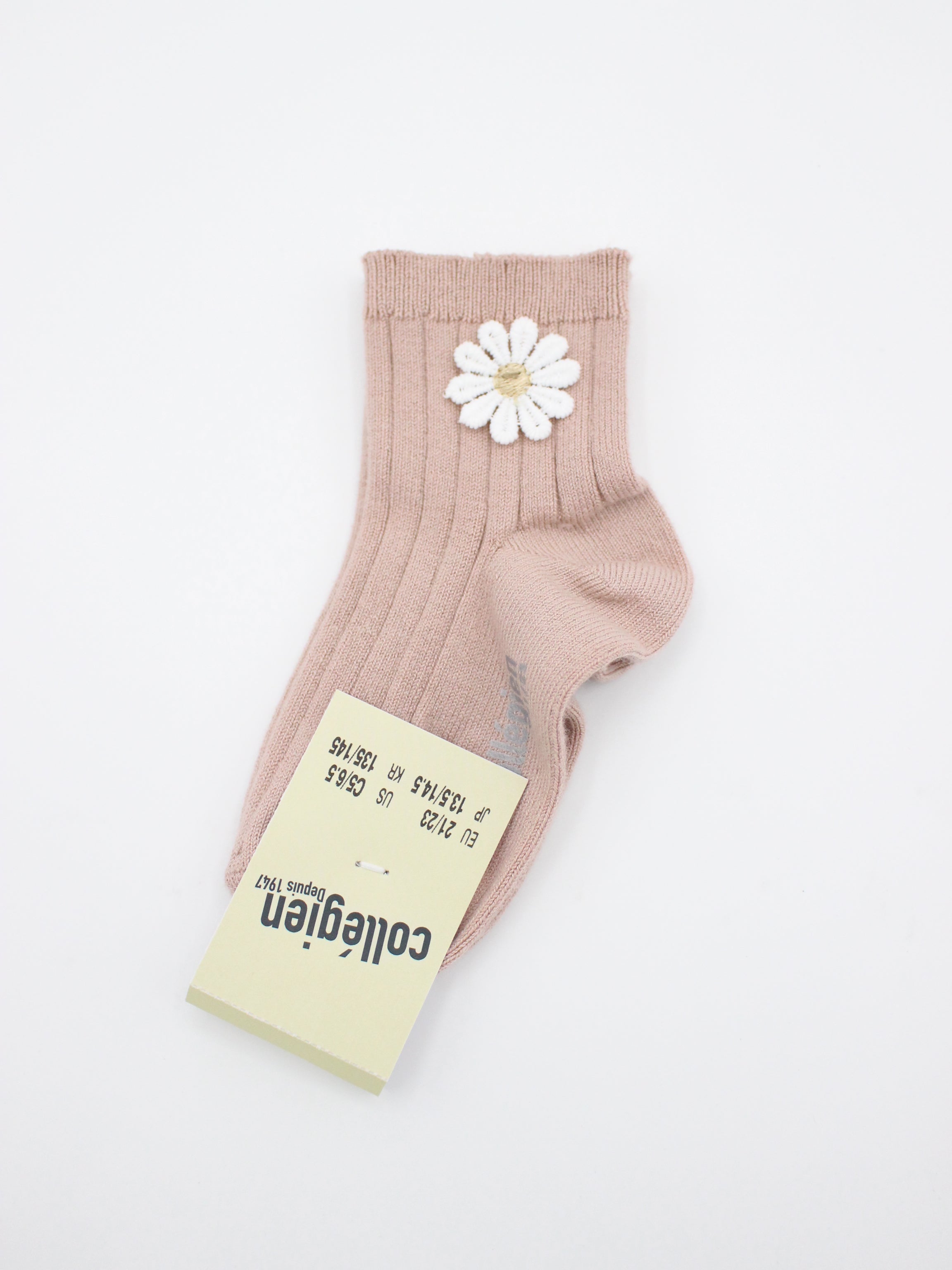 collegien Berenice - Ribbed Ankle Socks with Daisy vieux rose
