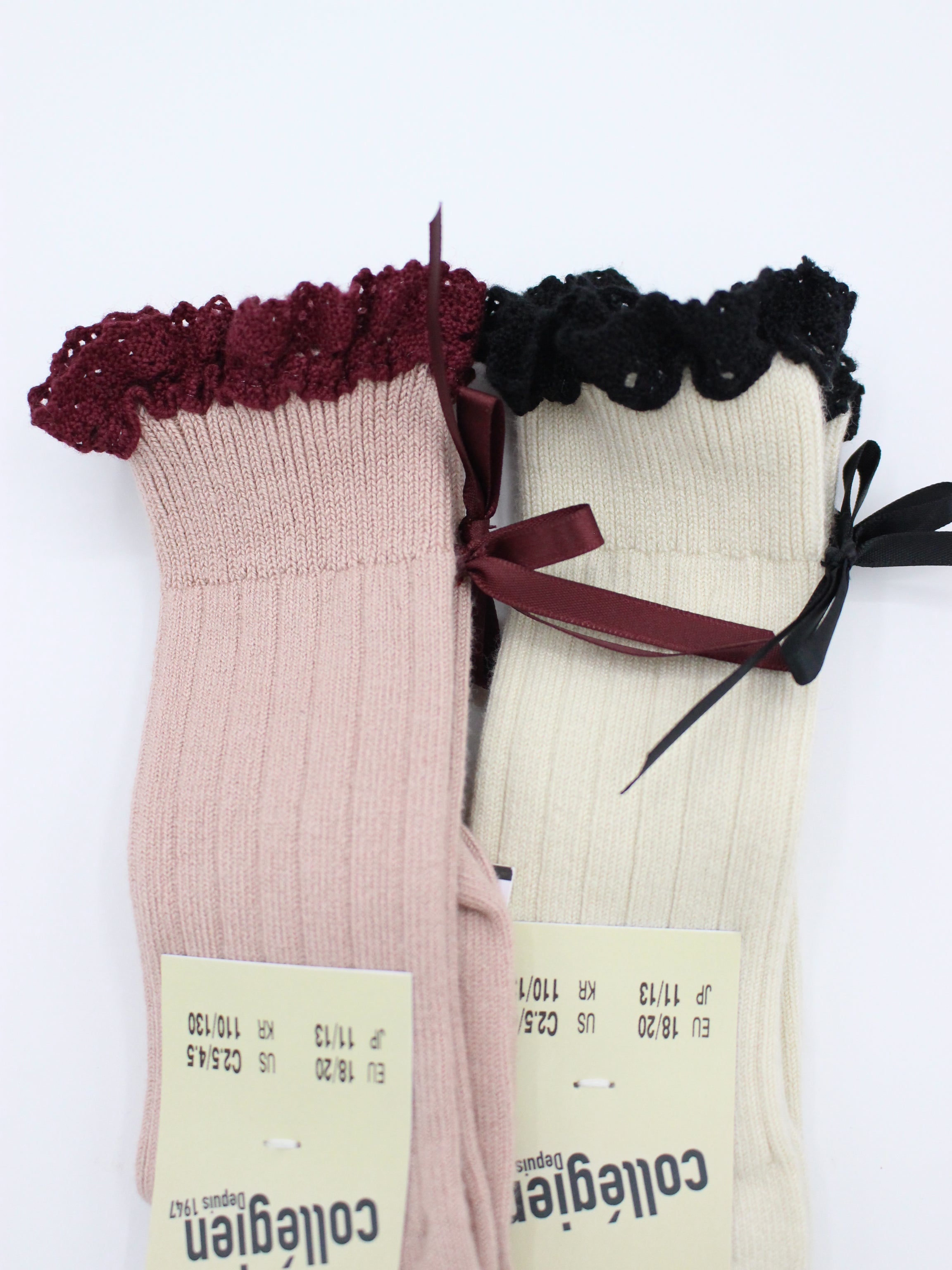 collegien Domitille Ribbed Knee-high Socks with Lace and Bow - Doux Agneaux