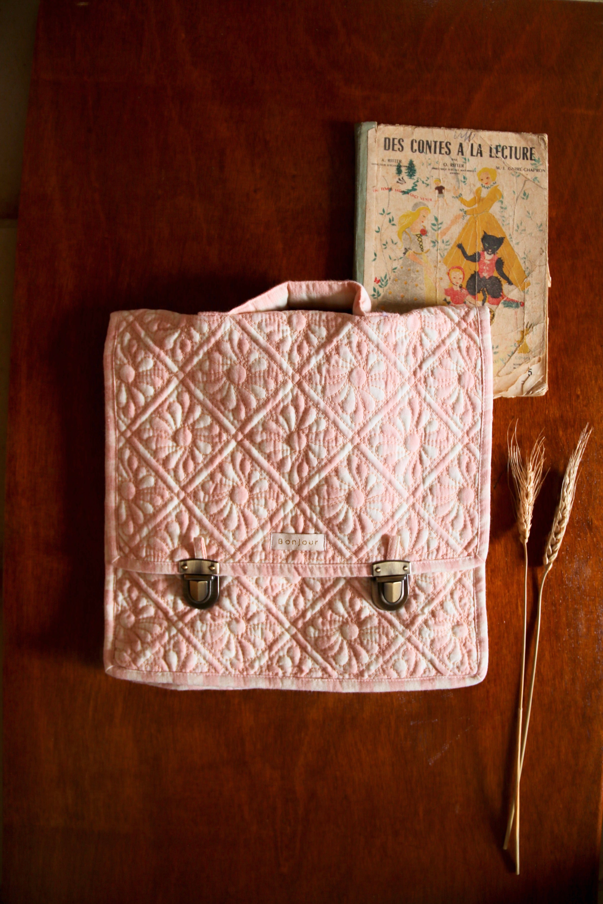 BONJOUR DIARY Quilted school bag Pink vichy front & piping
