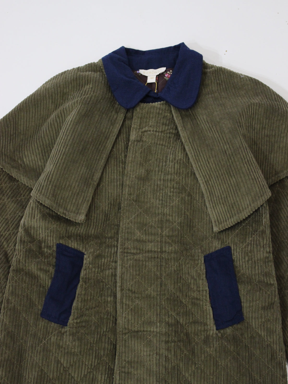 BONJOUR DIARY Trench coat with cape Kaki corduroy / Navy denim collar