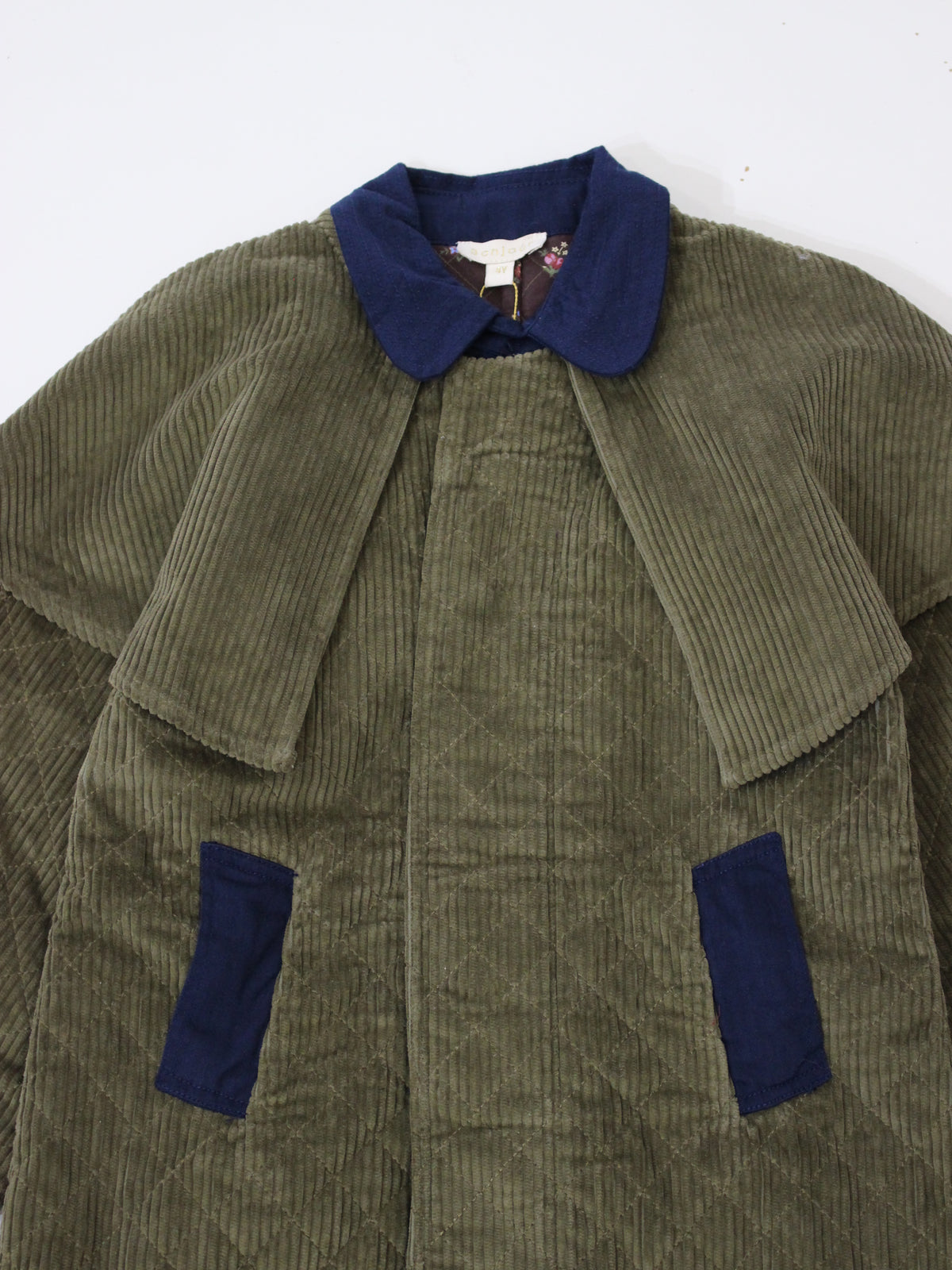 BONJOUR DIARY Trench coat with cape Kaki corduroy / Navy denim collar