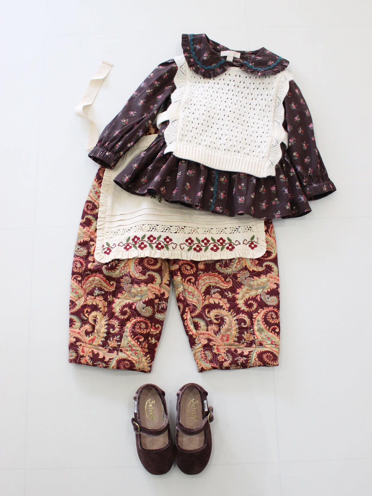 BONJOUR DIARYか Quilted pant Burgundy cashmere print - organic slub