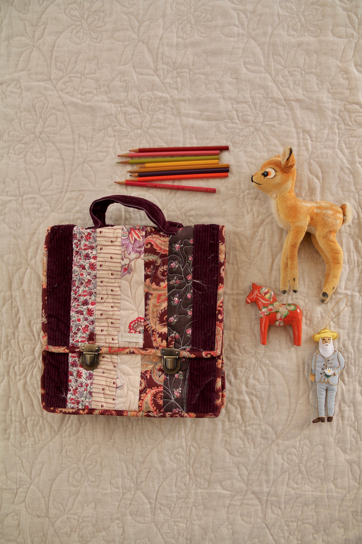 BONJOUR DIARY Patchwork school bag all AW26 prints
