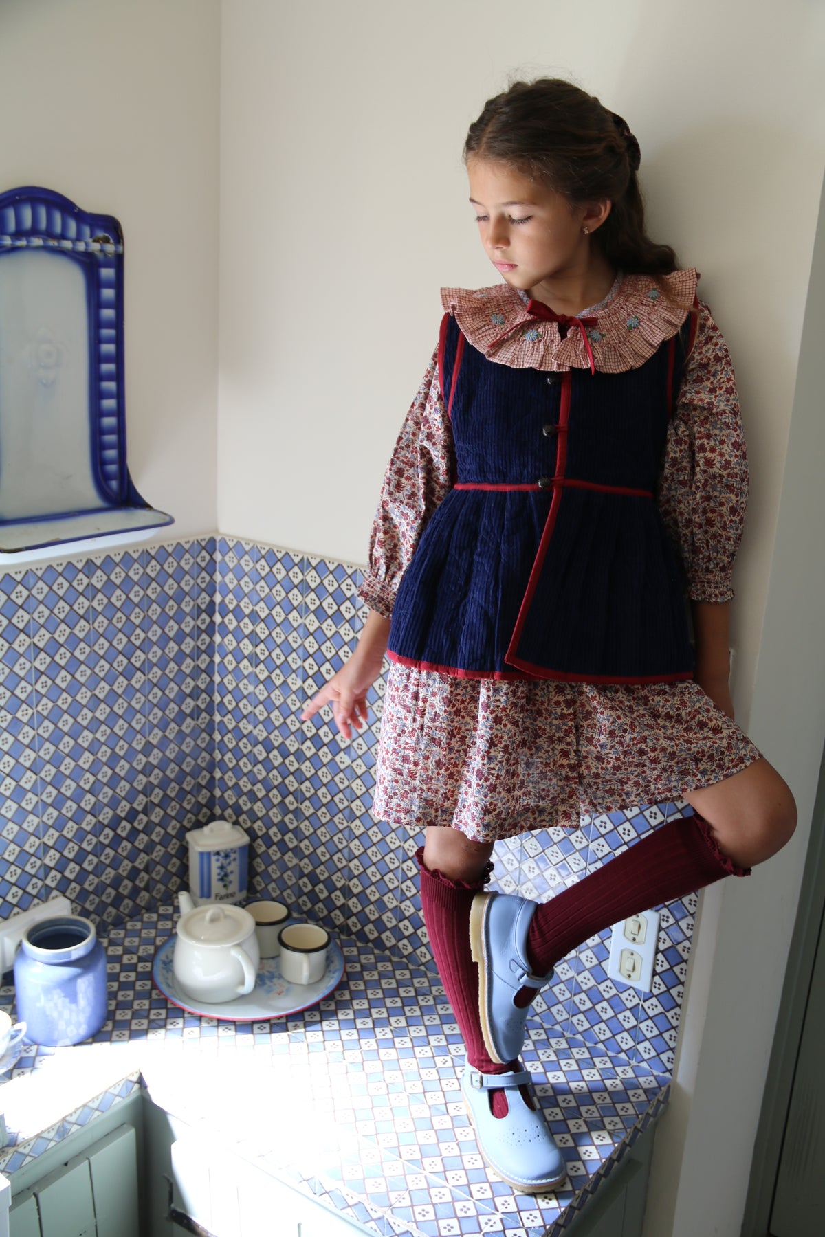 BONJOUR DIARY Tunic with hair clip Blue flower field print