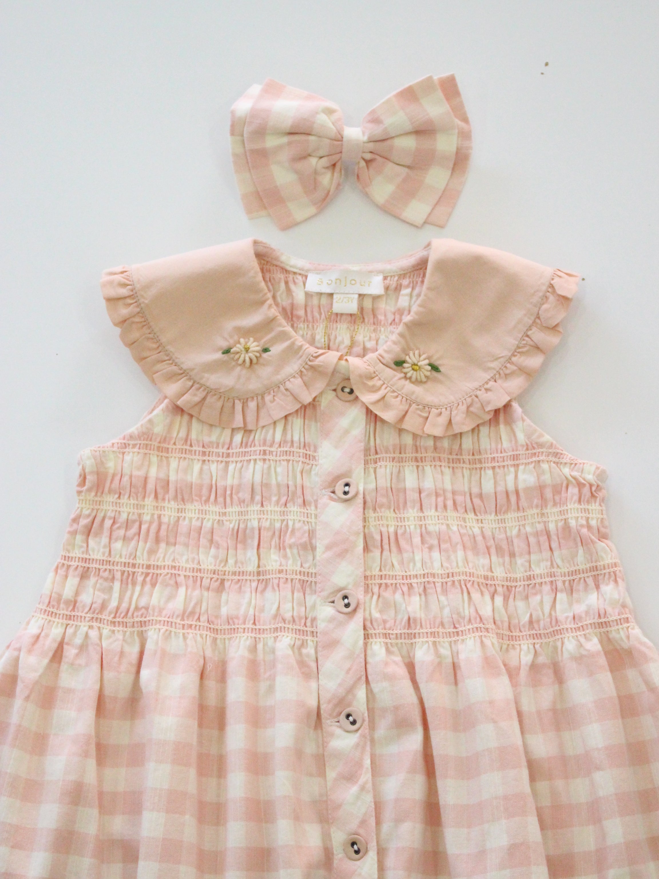 BONJOUR DIARY Emb. tunic + hair clip Pink Vichy with small design eyelete emb