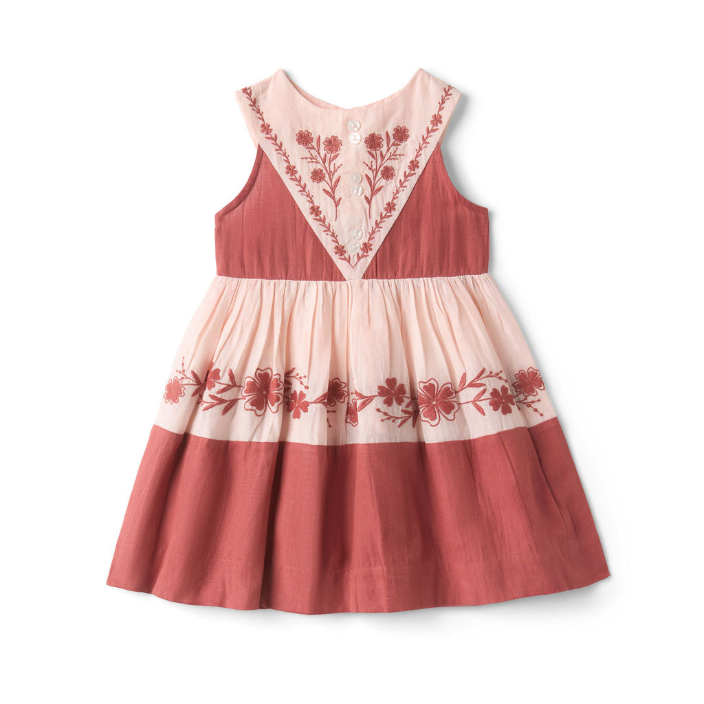 LALi Vivi Dress in Color Block Brick Red & Pale Pink Linen