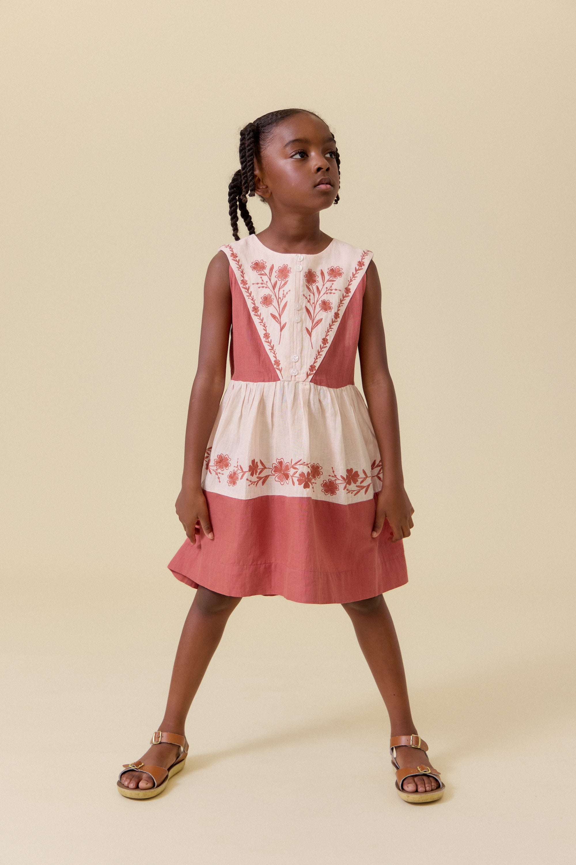 LALi Vivi Dress in Color Block Brick Red & Pale Pink Linen
