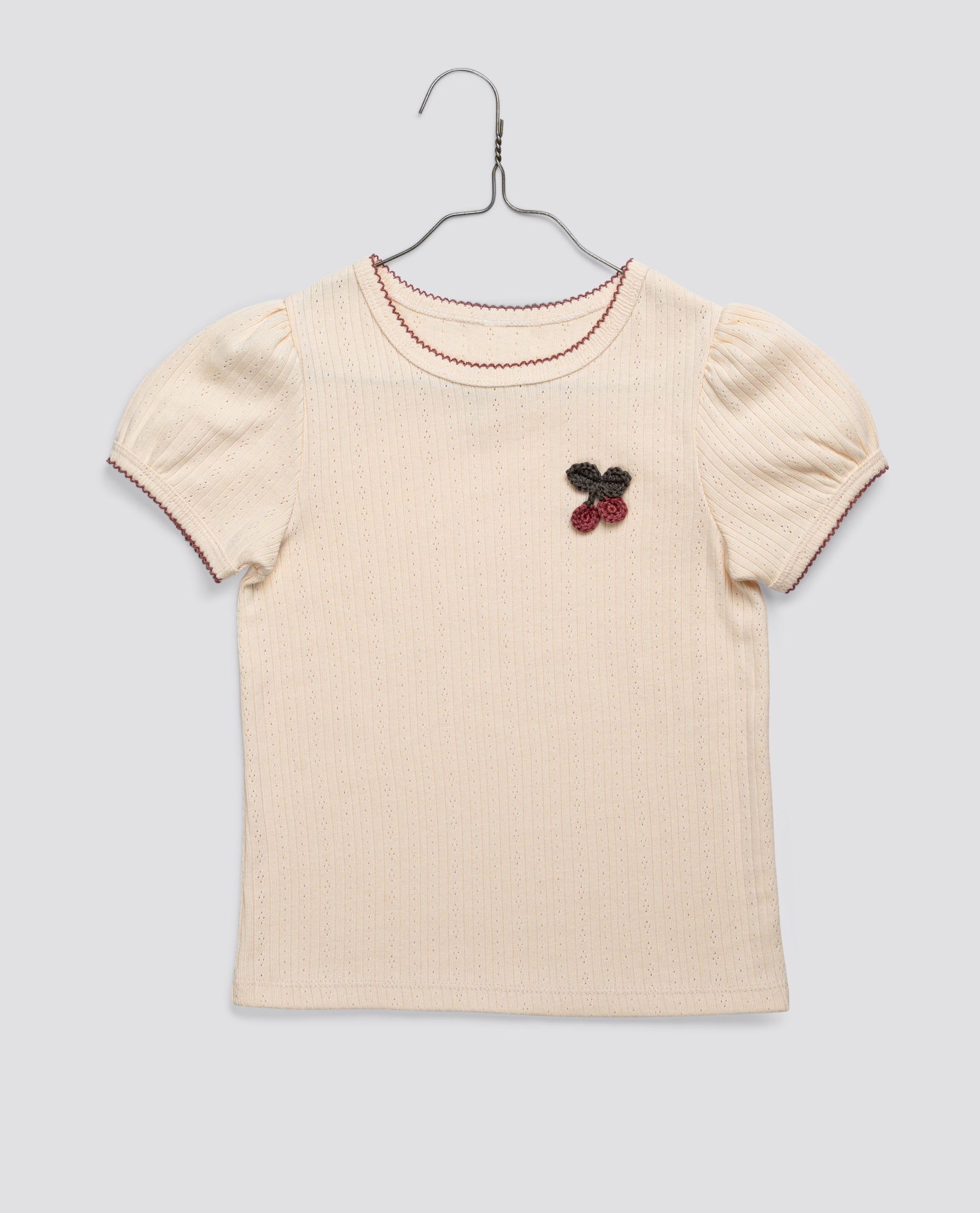 little cotton clothes Pointelle T-shirt with Crochet Cherry