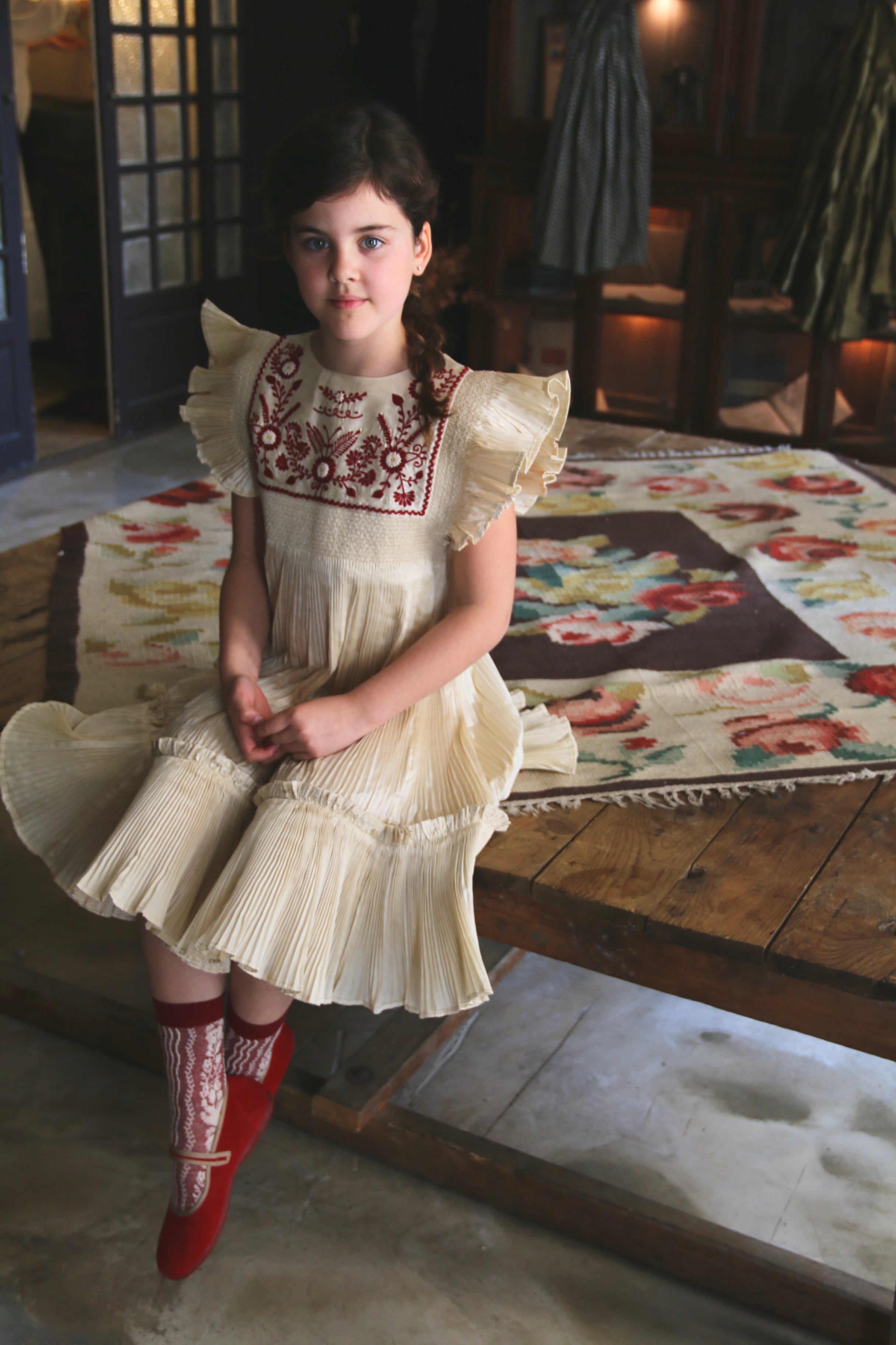 BONJOUR DIARY Dress pleated ivory taffetas