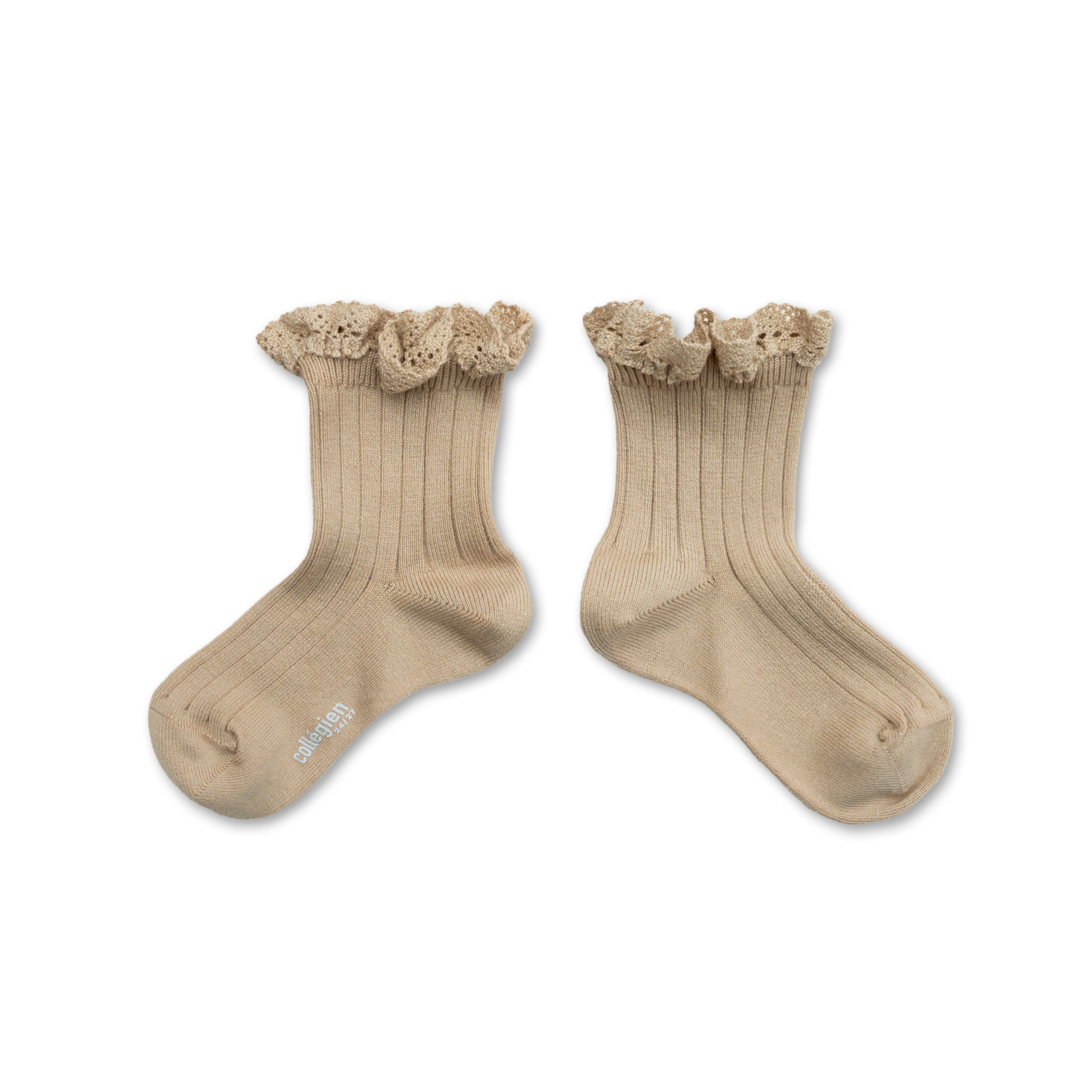 collegien Lili - Lace Trim Ribbed Ankle Socks sable