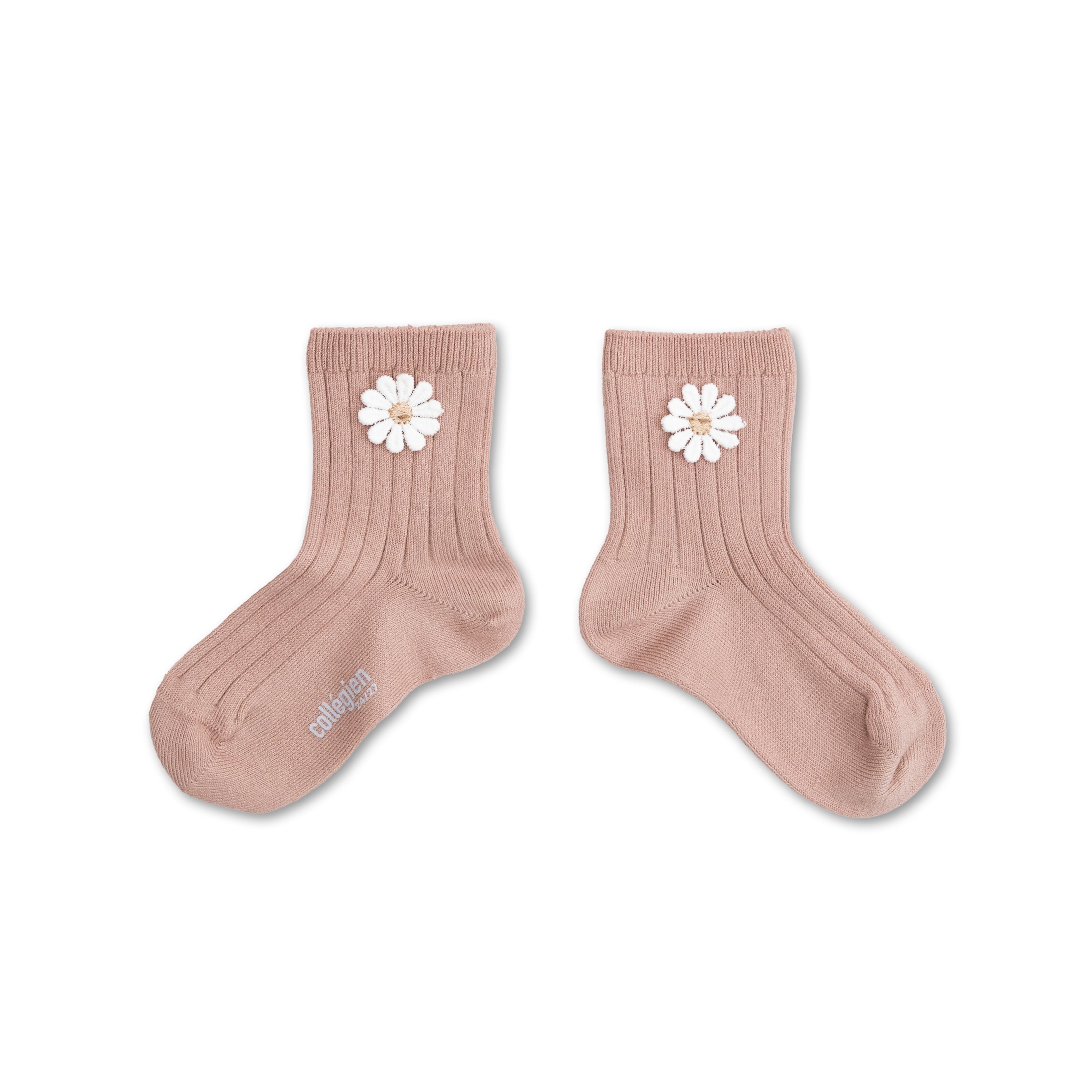 collegien Berenice - Ribbed Ankle Socks with Daisy vieux rose