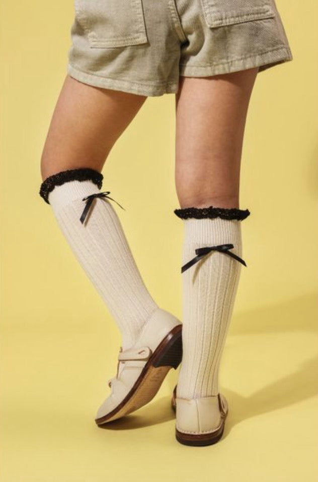 collegien Domitille  Ribbed Knee-high Socks with Lace and Bow - Doux Agneaux