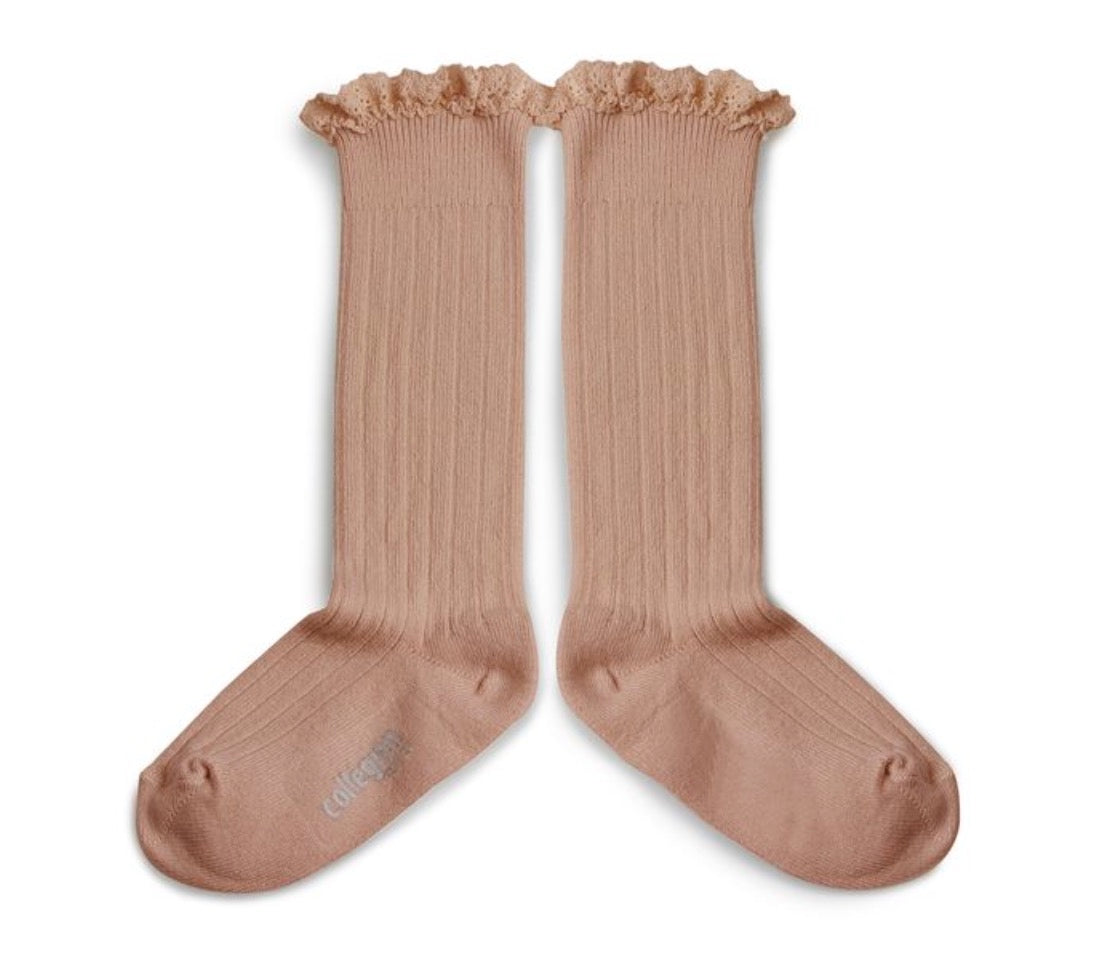 collegien Josephine Lace Trim Knee High Socks  vieux rose