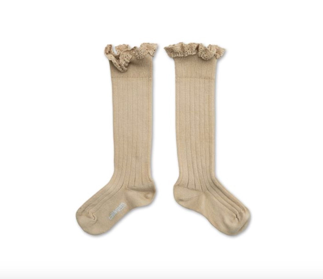 collegien Josephine Lace Trim Knee High Socks  sable
