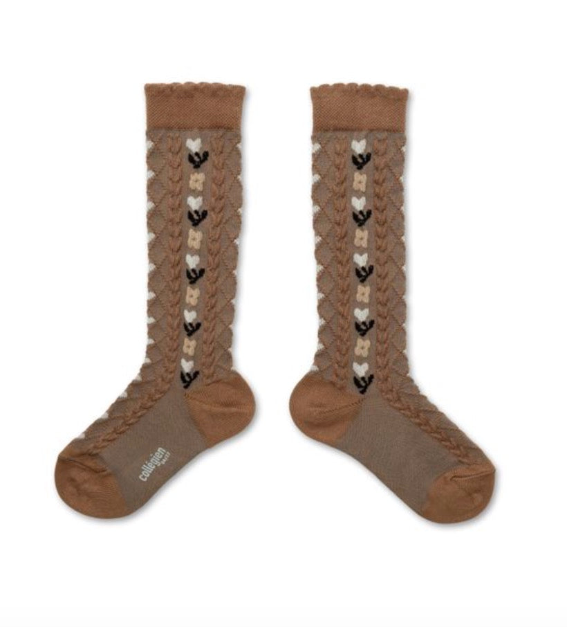 collegien Desiree Jacquard Hearts and Flowers Knee-high Socks biscuit