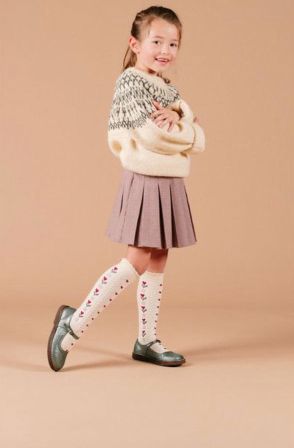 collegien Desiree Jacquard Hearts and Flowers Knee-high Socks biscuit