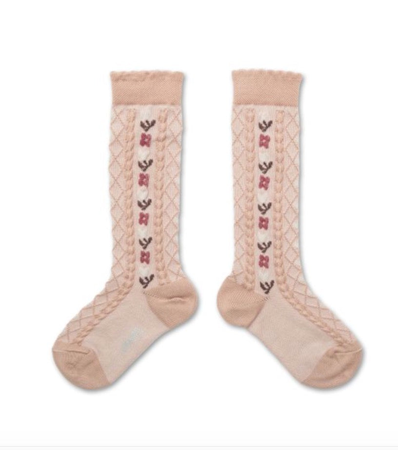 collegien Desiree Jacquard Hearts and Flowers Knee-high Socks vieux rose