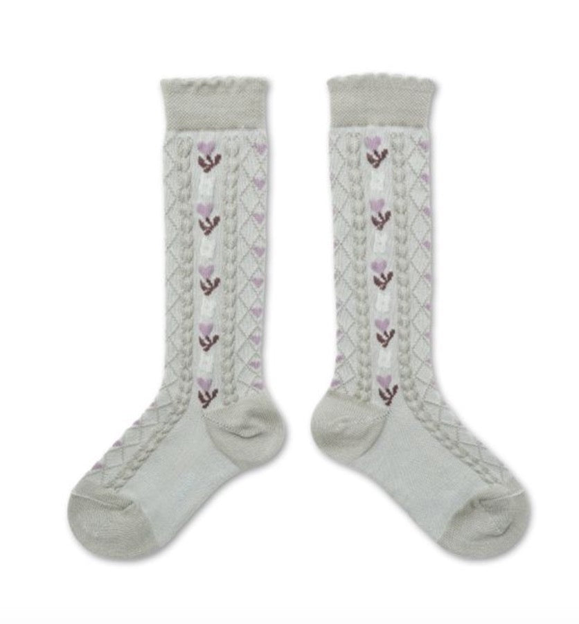 collegien Desiree Jacquard Hearts and Flowers Knee-high Socks Gris Perle