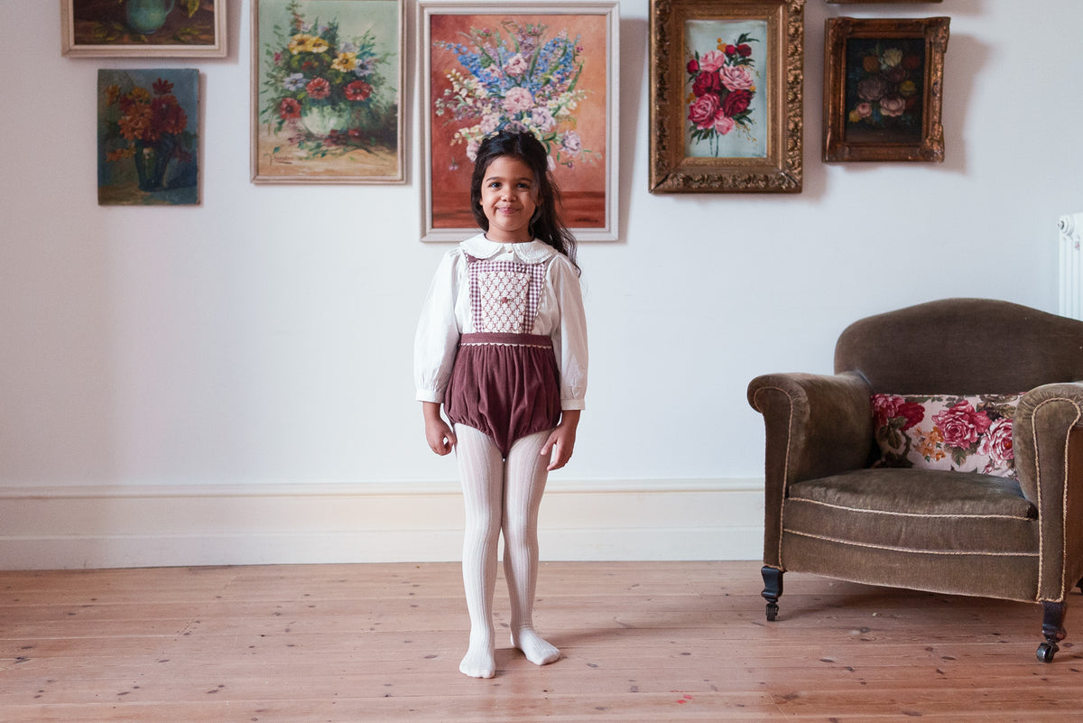 little cotton clothes  Velvet Dhalia romper in Sugarplum