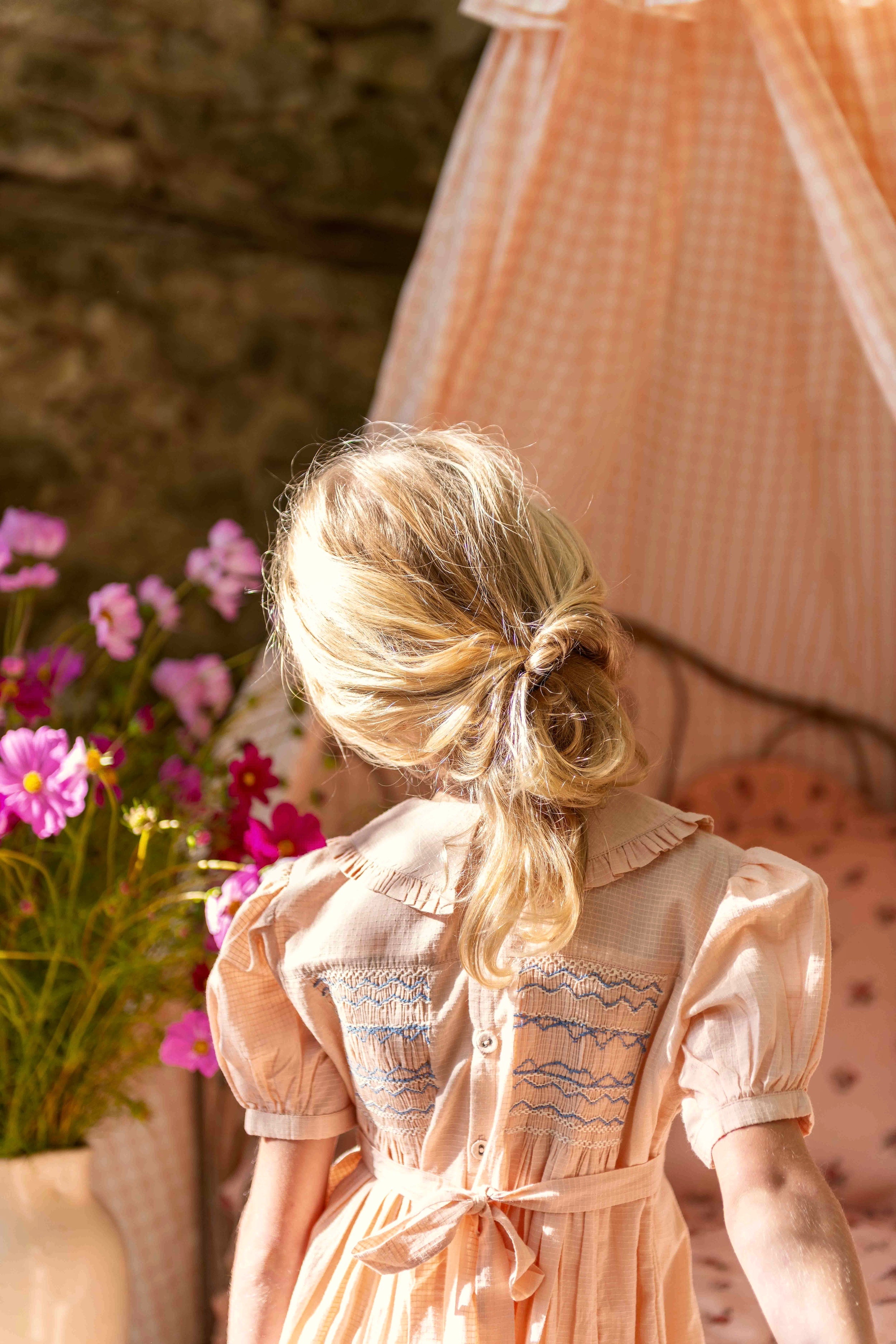 BONJOUR DIARY Handsmock dress Pink check voile