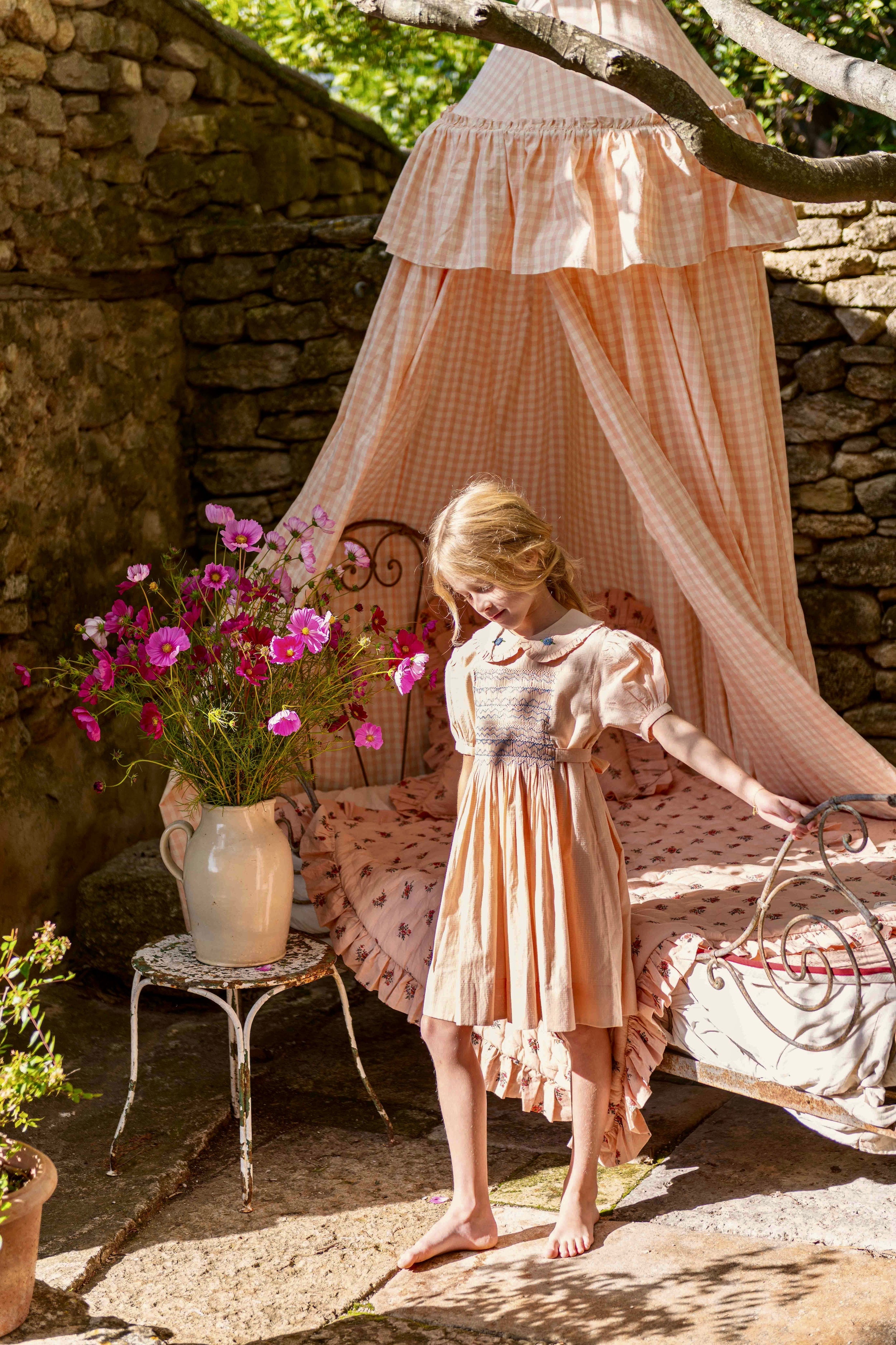 BONJOUR DIARY Handsmock dress Pink check voile