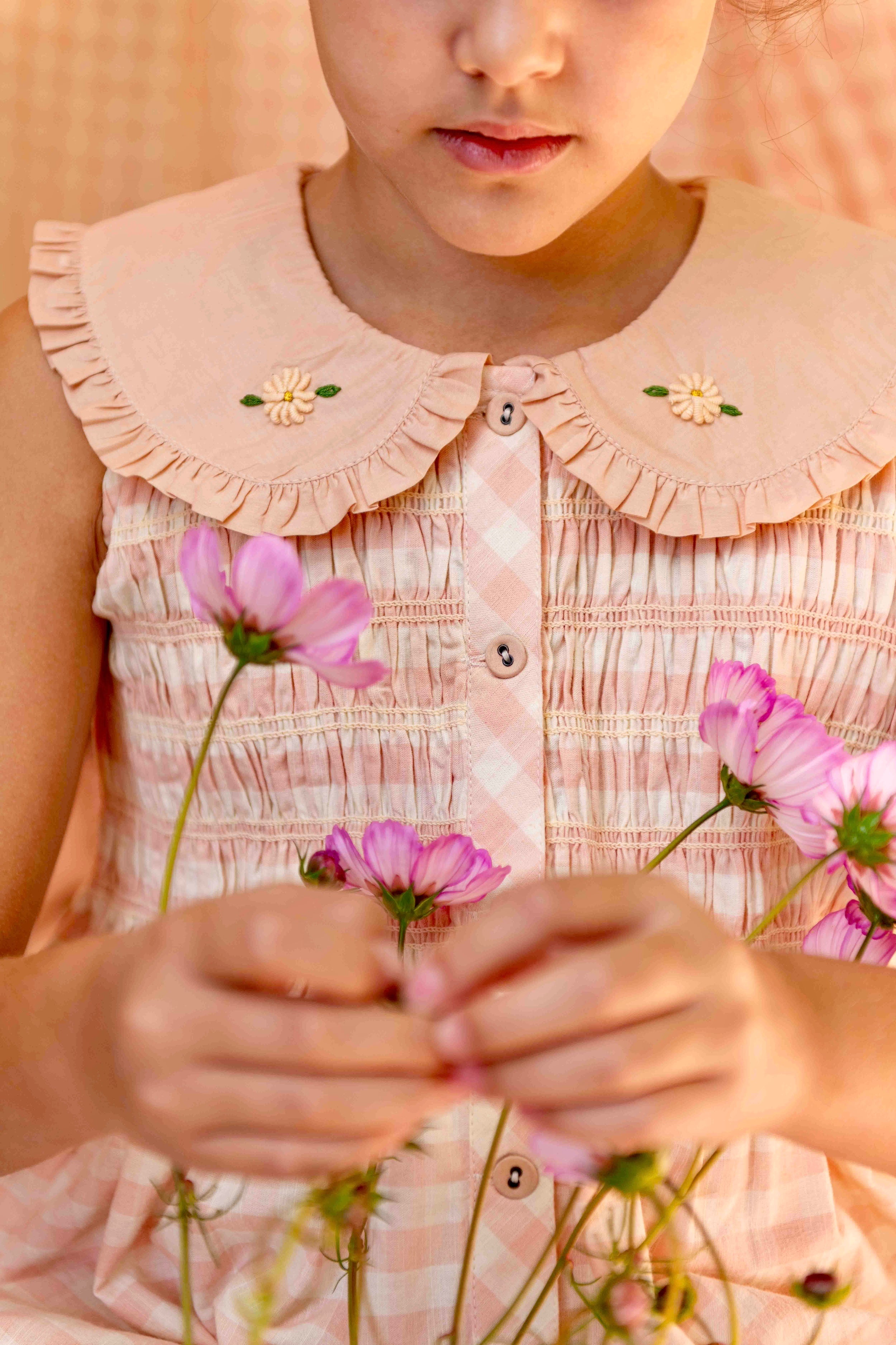 BONJOUR DIARY   Emb. tunic + hair clip Pink Vichy with small design eyelete emb