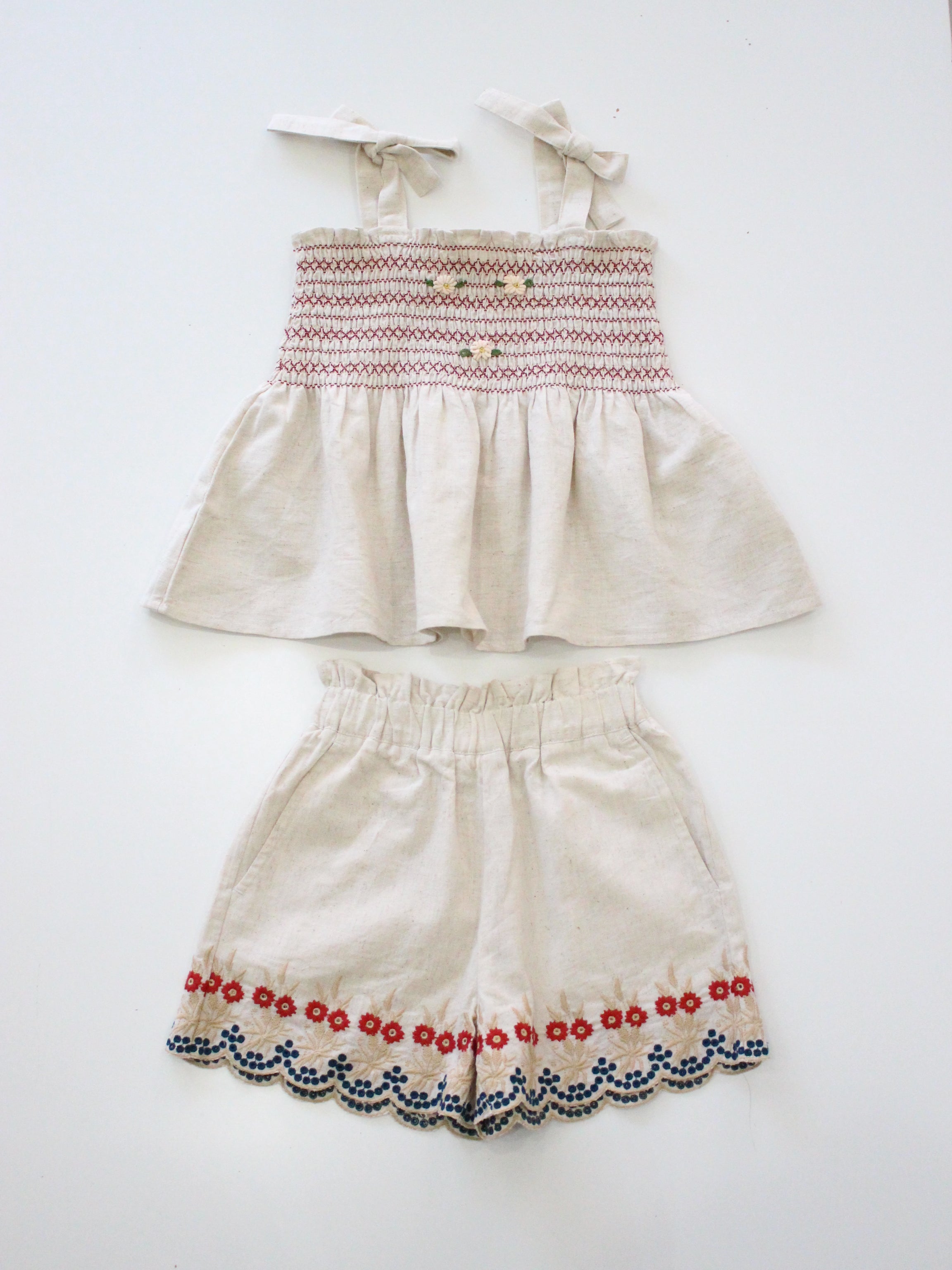 BONJOUR DIARY   Shorts & top set Natural cotton flex with multi color eyelet emb
