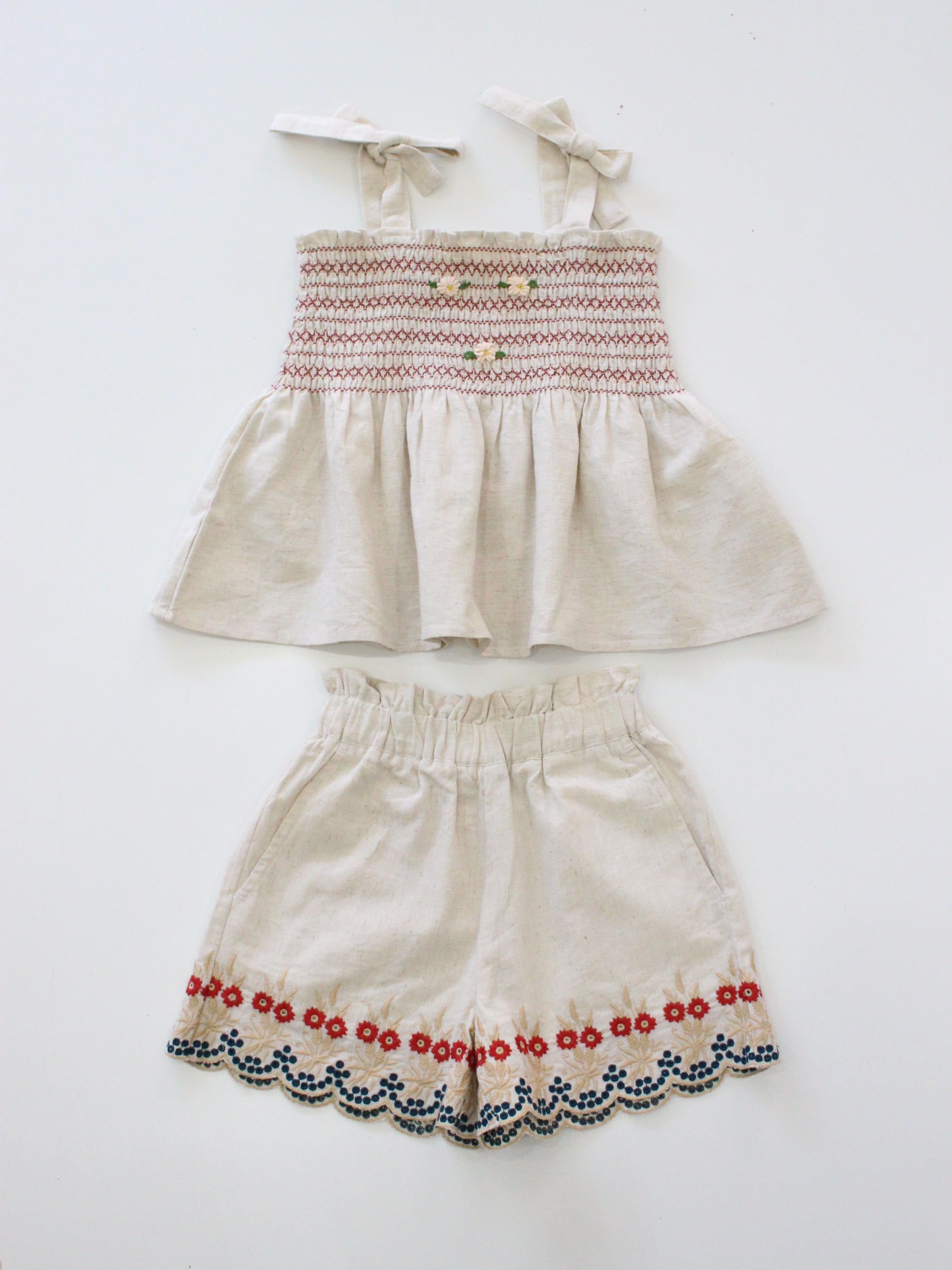 BONJOUR DIARY   Shorts & top set Natural cotton flex with multi color eyelet emb