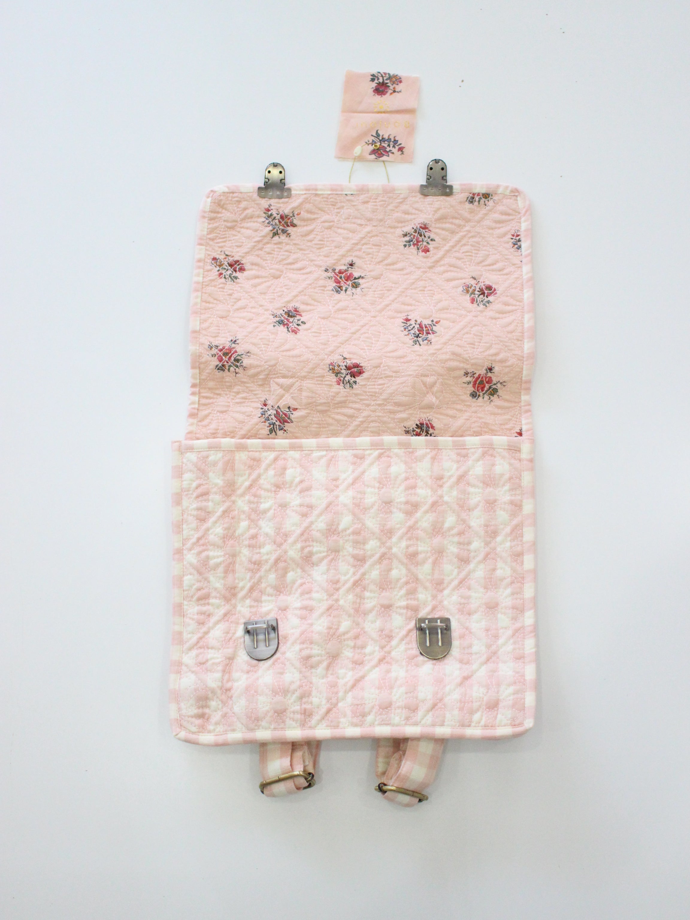 BONJOUR DIARY   Quilted school bag Pink vichy front & piping