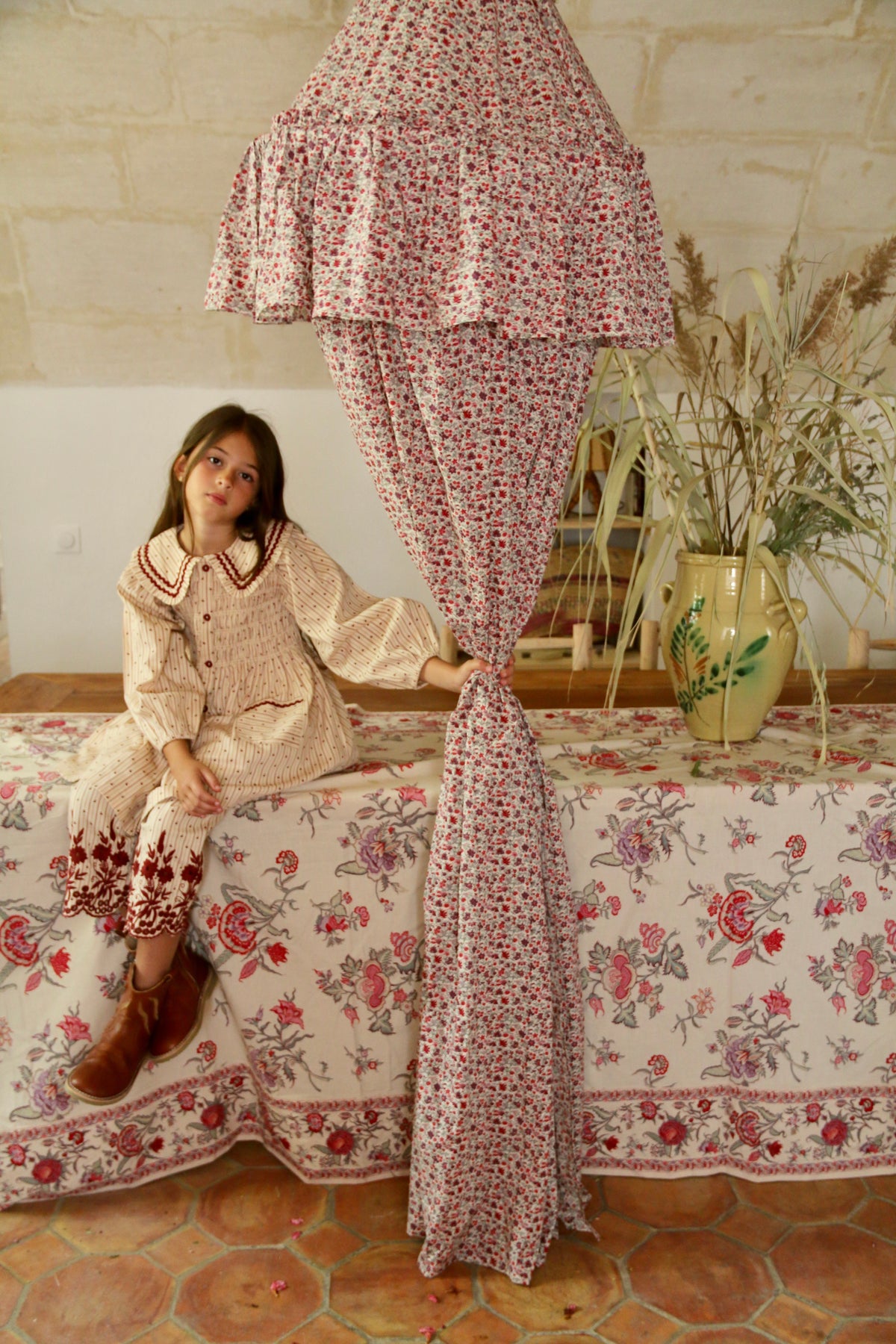 BONJOUR DIARY  Embroidered dress Provencal print - denim eyelette