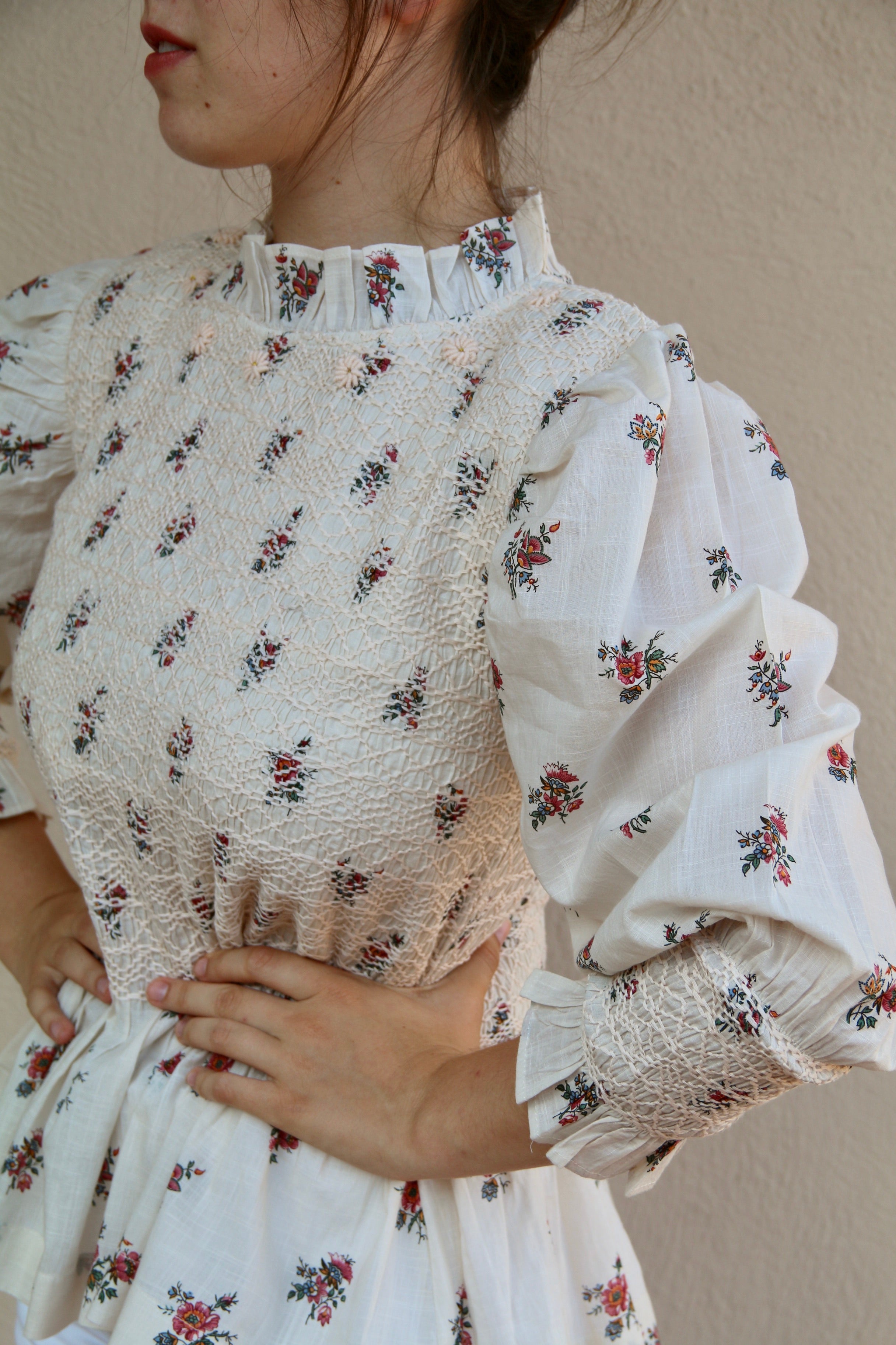 Suranné    Handsmock blouse Garden print - organic slub voile 大人SIZE