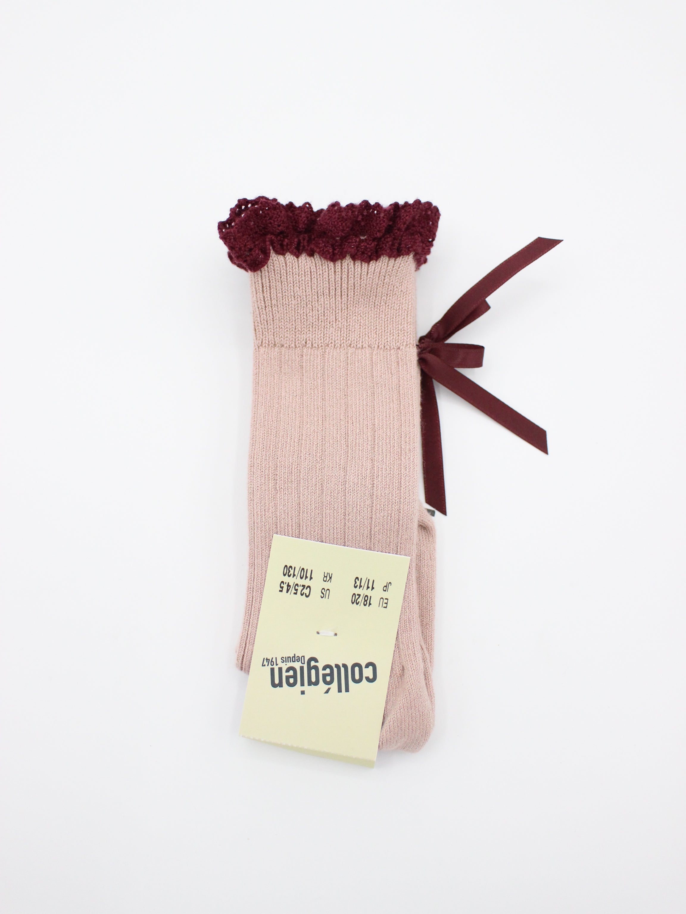 collegien Domitille  Ribbed Knee-high Socks with Lace and Bow - Vieux Rose