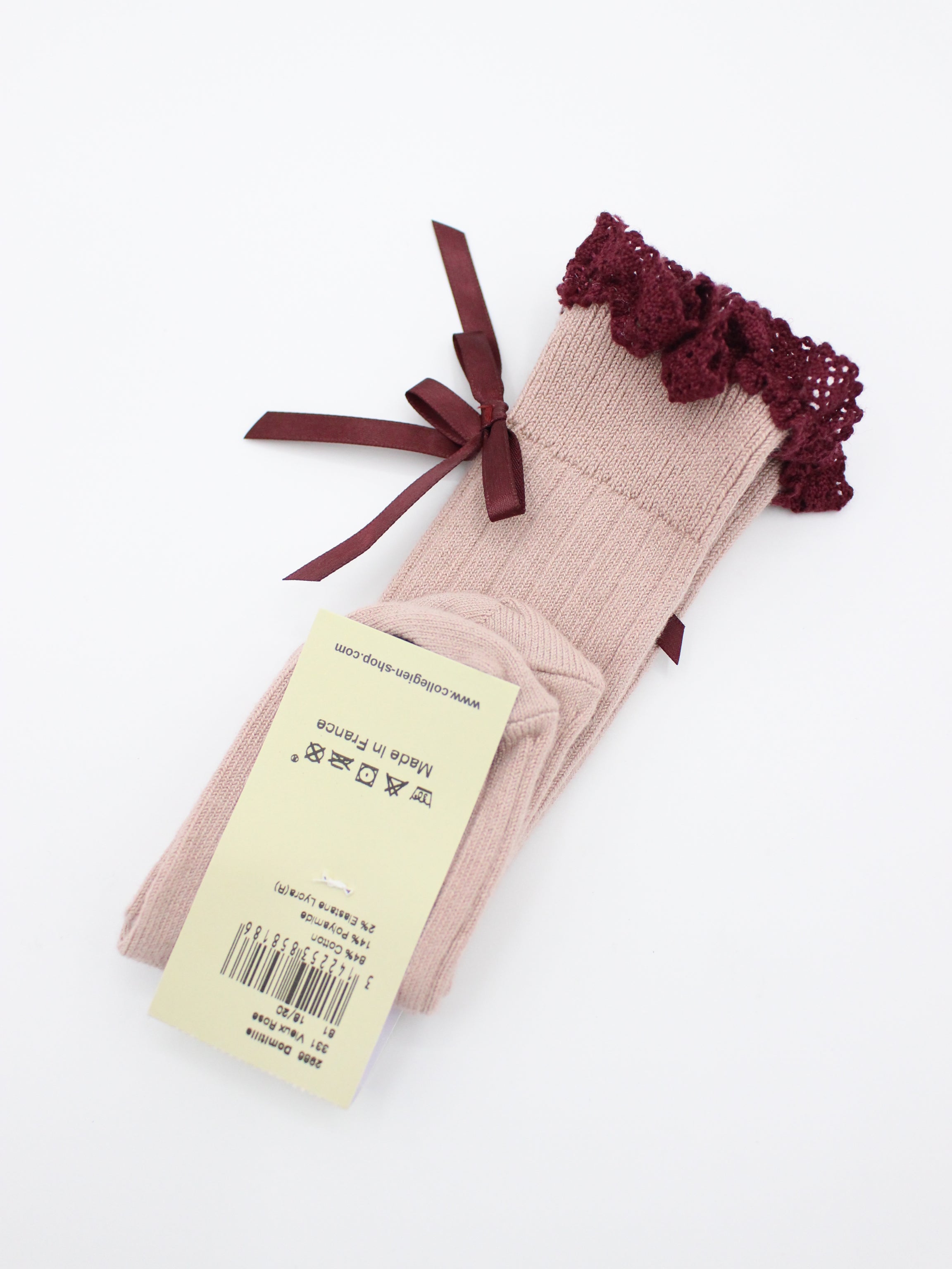 collegien Domitille  Ribbed Knee-high Socks with Lace and Bow - Vieux Rose