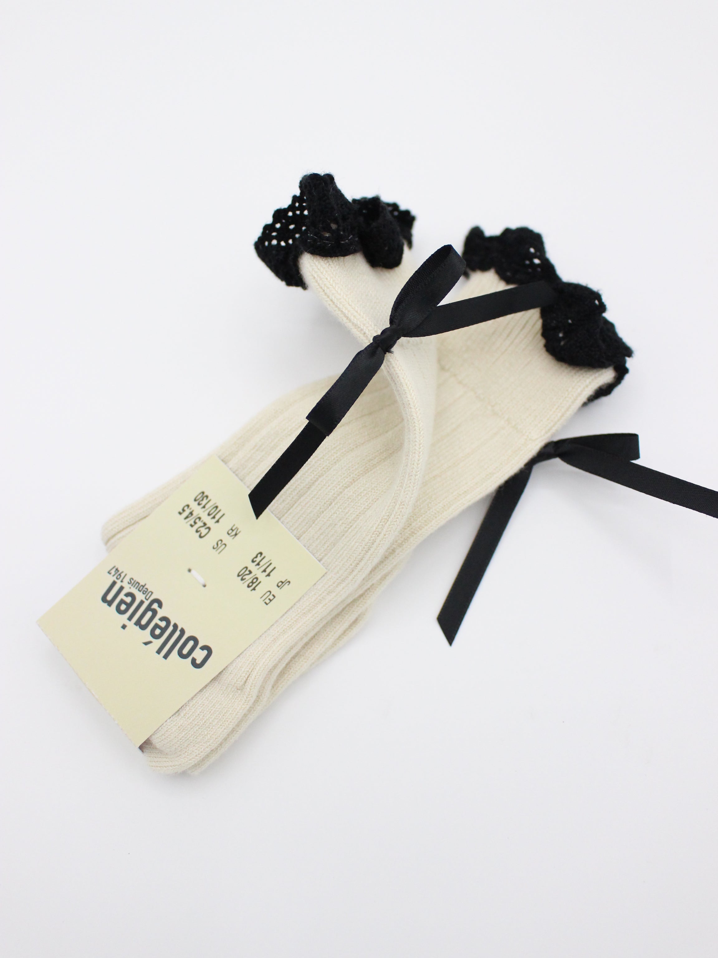collegien Domitille  Ribbed Knee-high Socks with Lace and Bow - Doux Agneaux